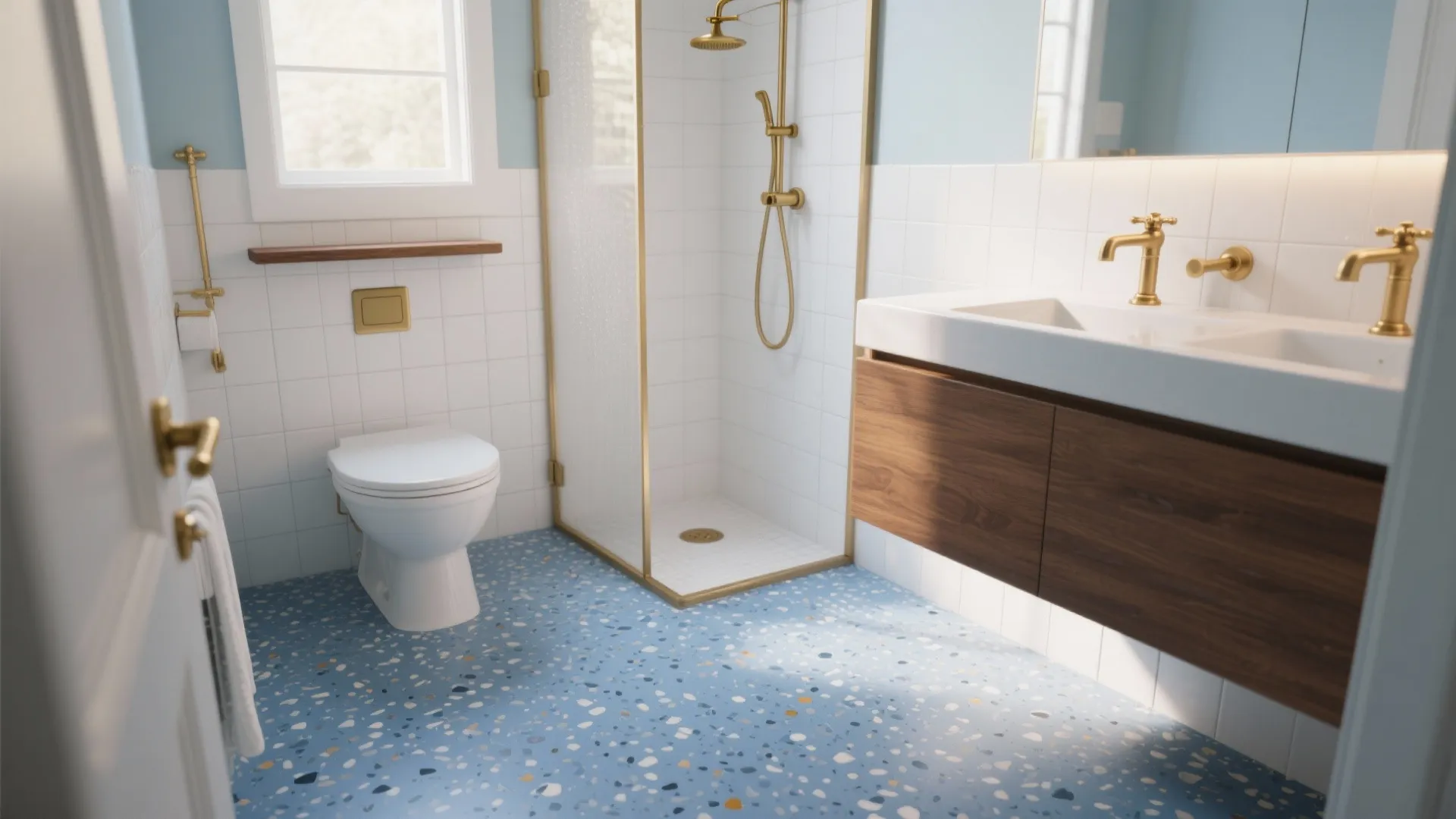 Small bathroom featuring blue speckled floor tiles with gold shower fixtures and wooden floating bathroom cabinet