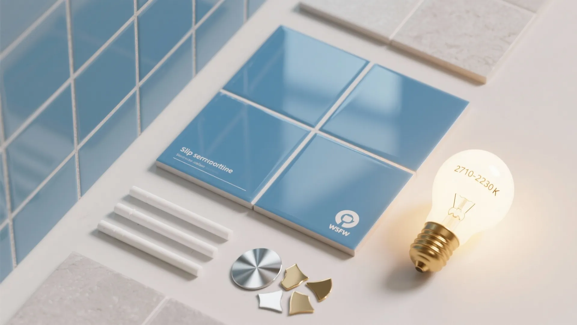 Blue square wall tiles on white surface with glowing light bulb and white grout pens