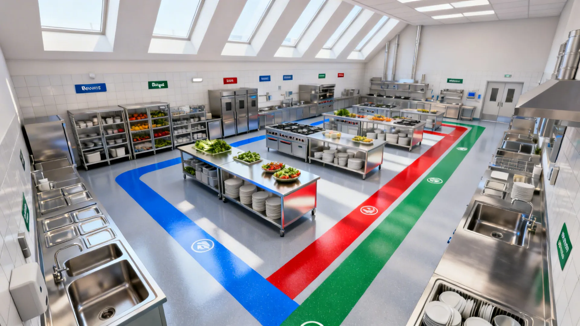 Top-down hospital kitchen layout with linear HACCP zones and color-coded floor paths.
