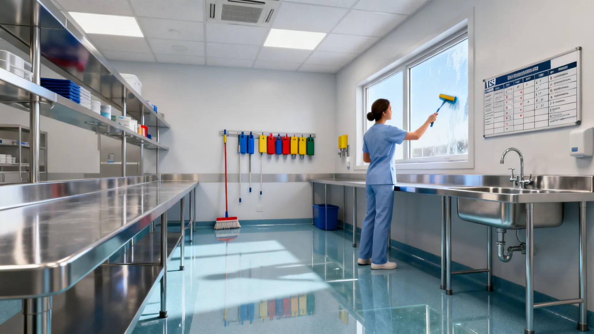 Hygienic prep zone with coved flooring, stainless worktops, and wall-mounted color-coded tools.
