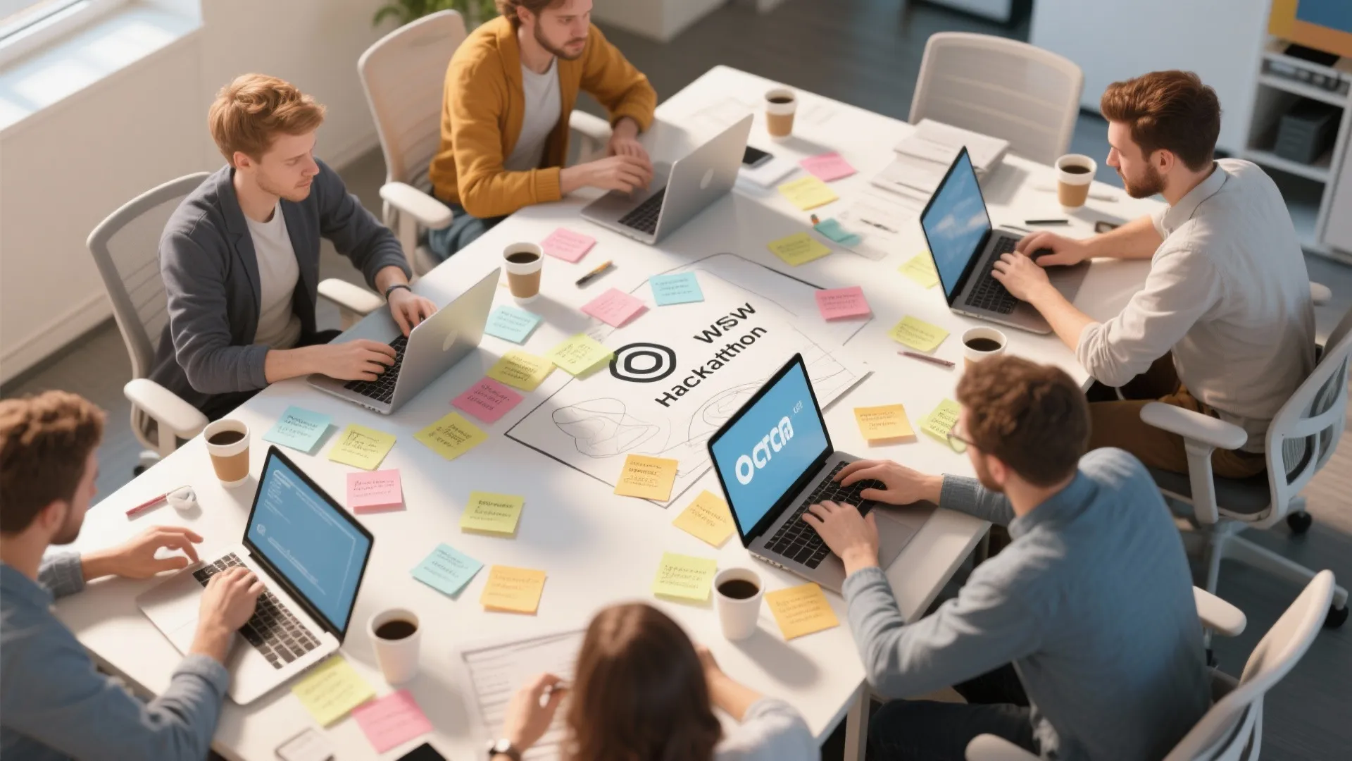 Group of young professionals working on laptops around a table with sticky notes and coffee