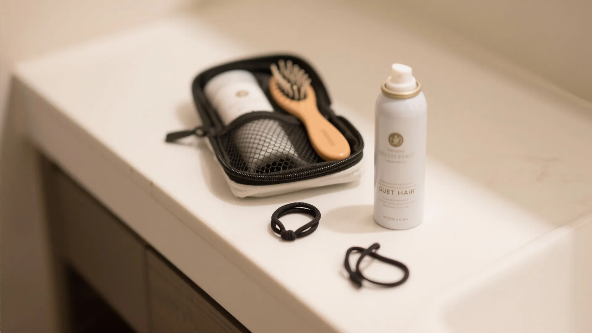 Travel hair care set including a wooden brush spray bottle and hair ties on white