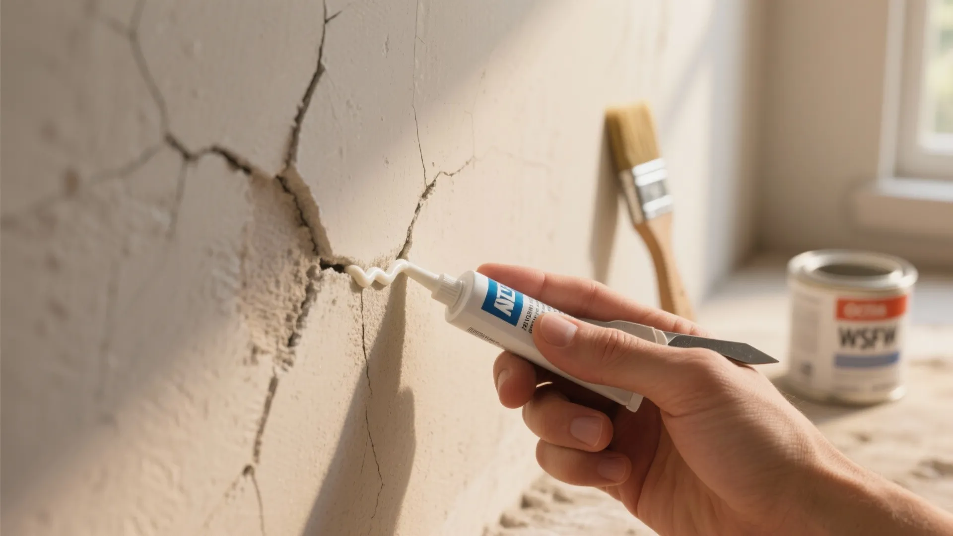 Person applying white filler from a tube into a large crack on a light wall