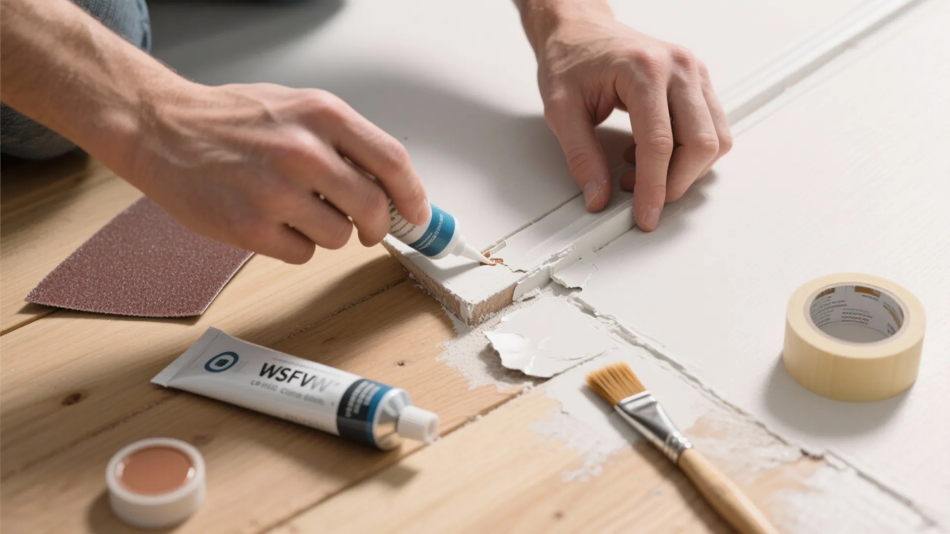 Person applying white repair glue to a broken wood panel with sandpaper and tape nearby