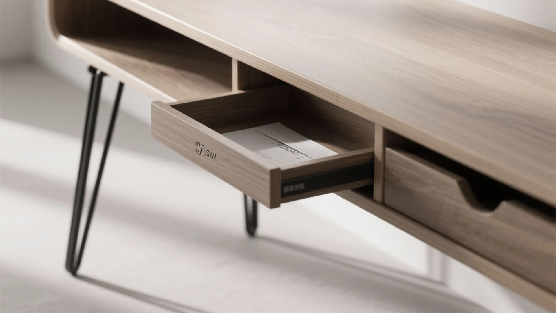 Close up of a wooden desk with thin black metal legs and an open small drawer