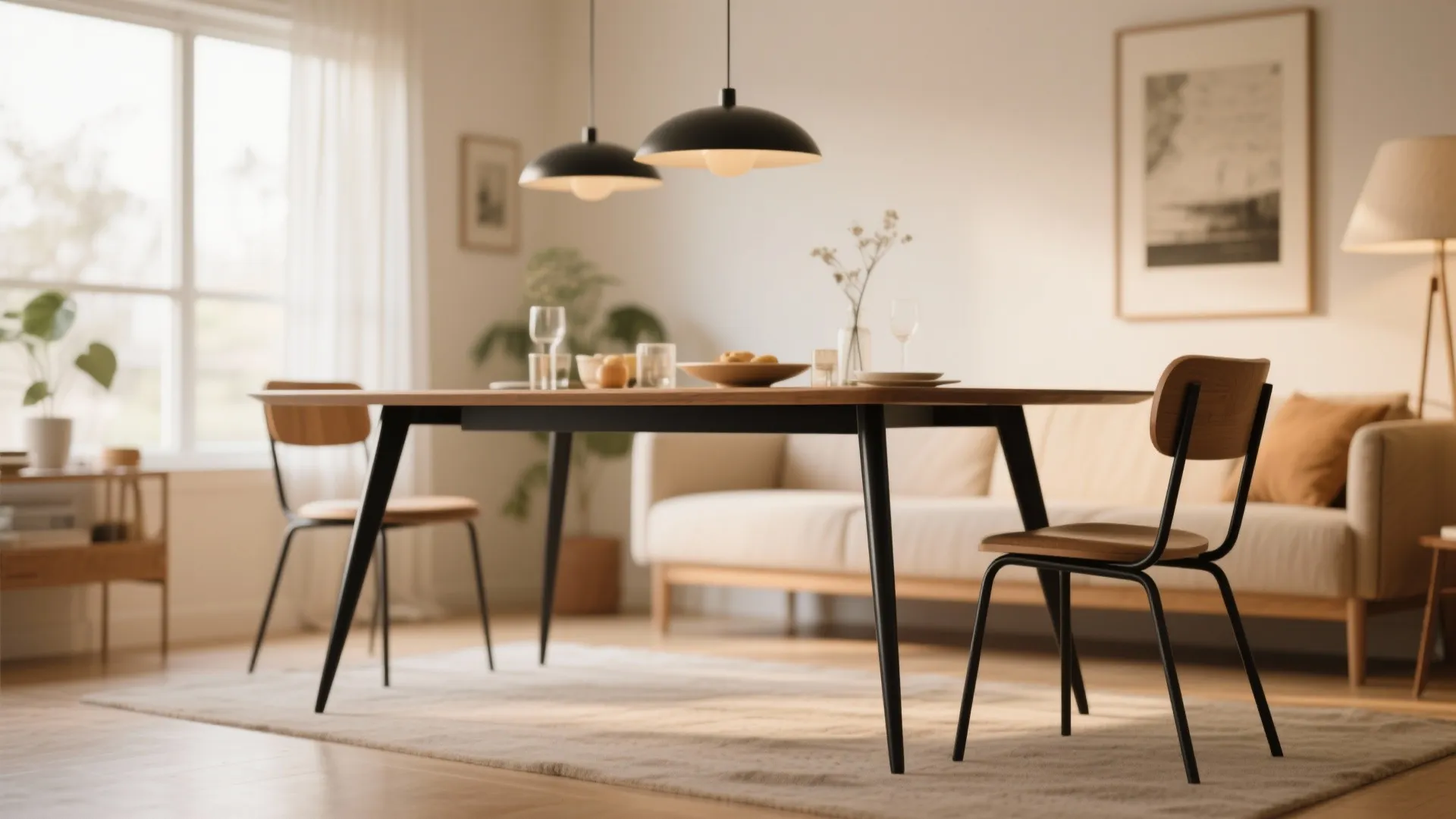 Modern wood dining table with black legs, two chairs, black ceiling lights, and cream sofa