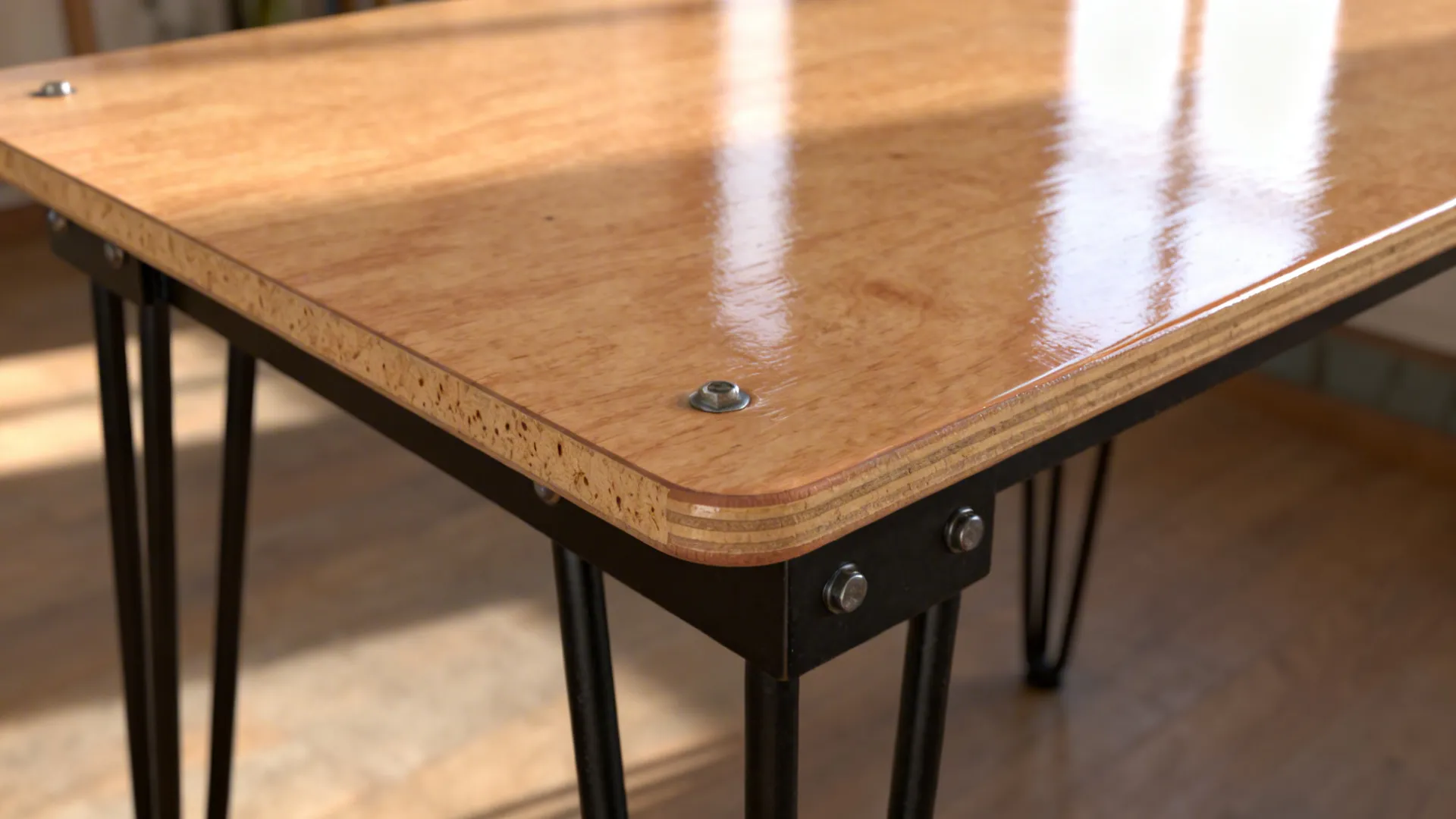 Close up view of a shiny wood table top with black metal legs and bolts