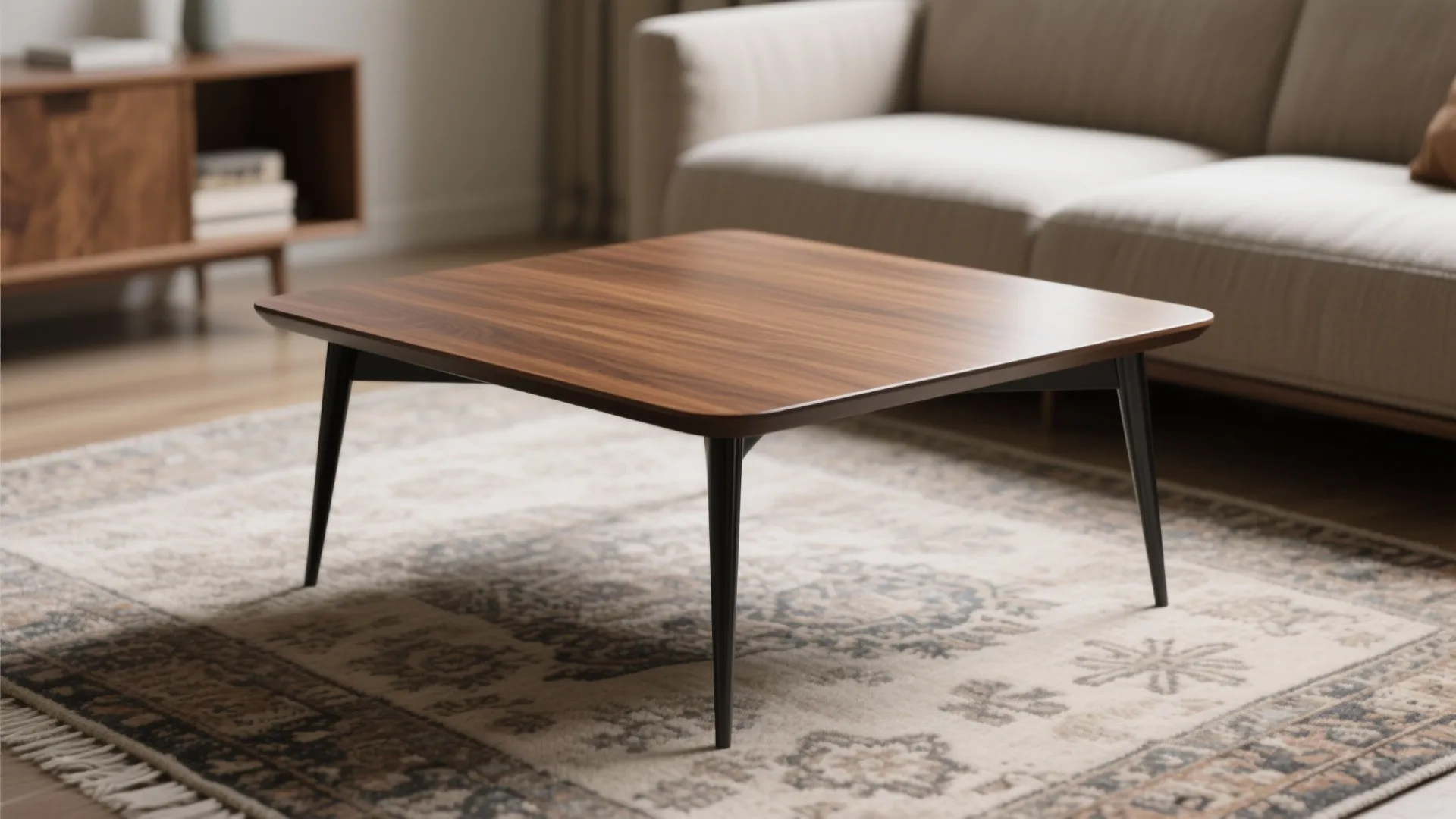 Mid-century style square coffee table with walnut-stained top and black hairpin legs in a small living room.