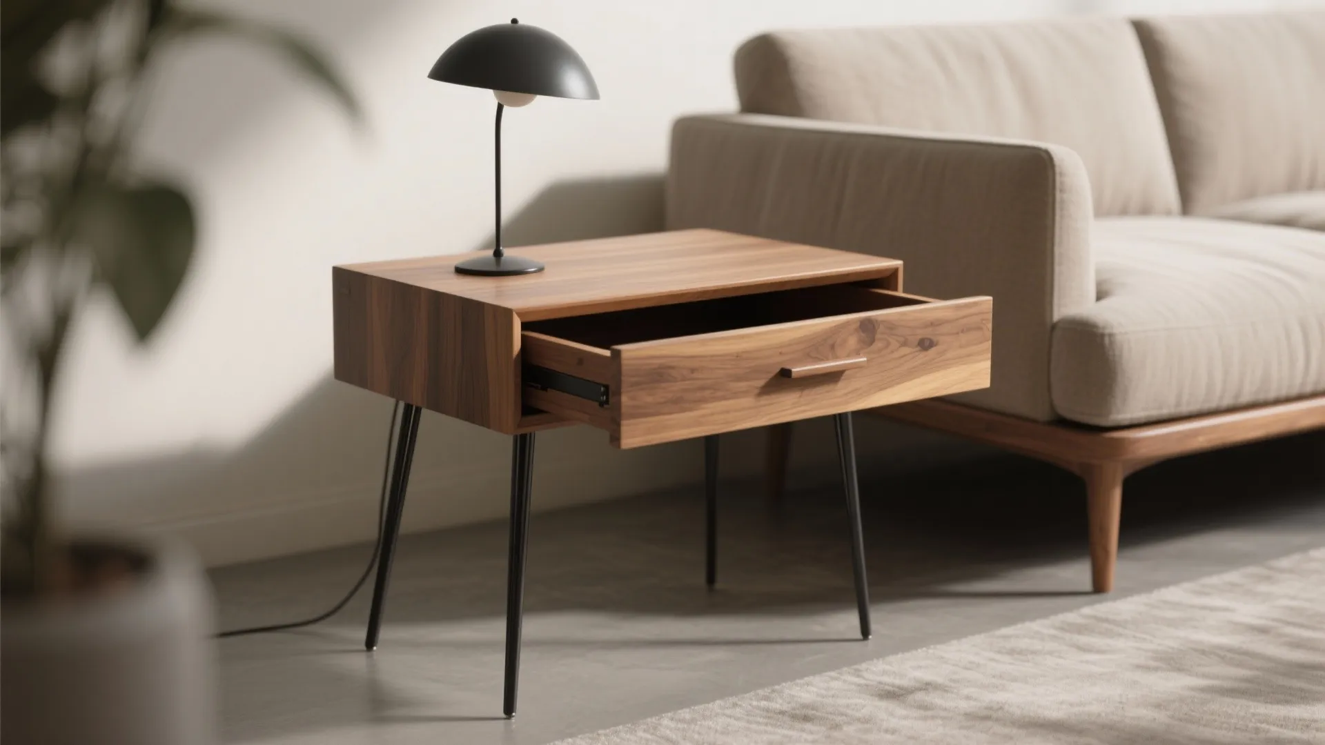 Wooden nightstand with open drawer and black table lamp standing next to a beige sofa