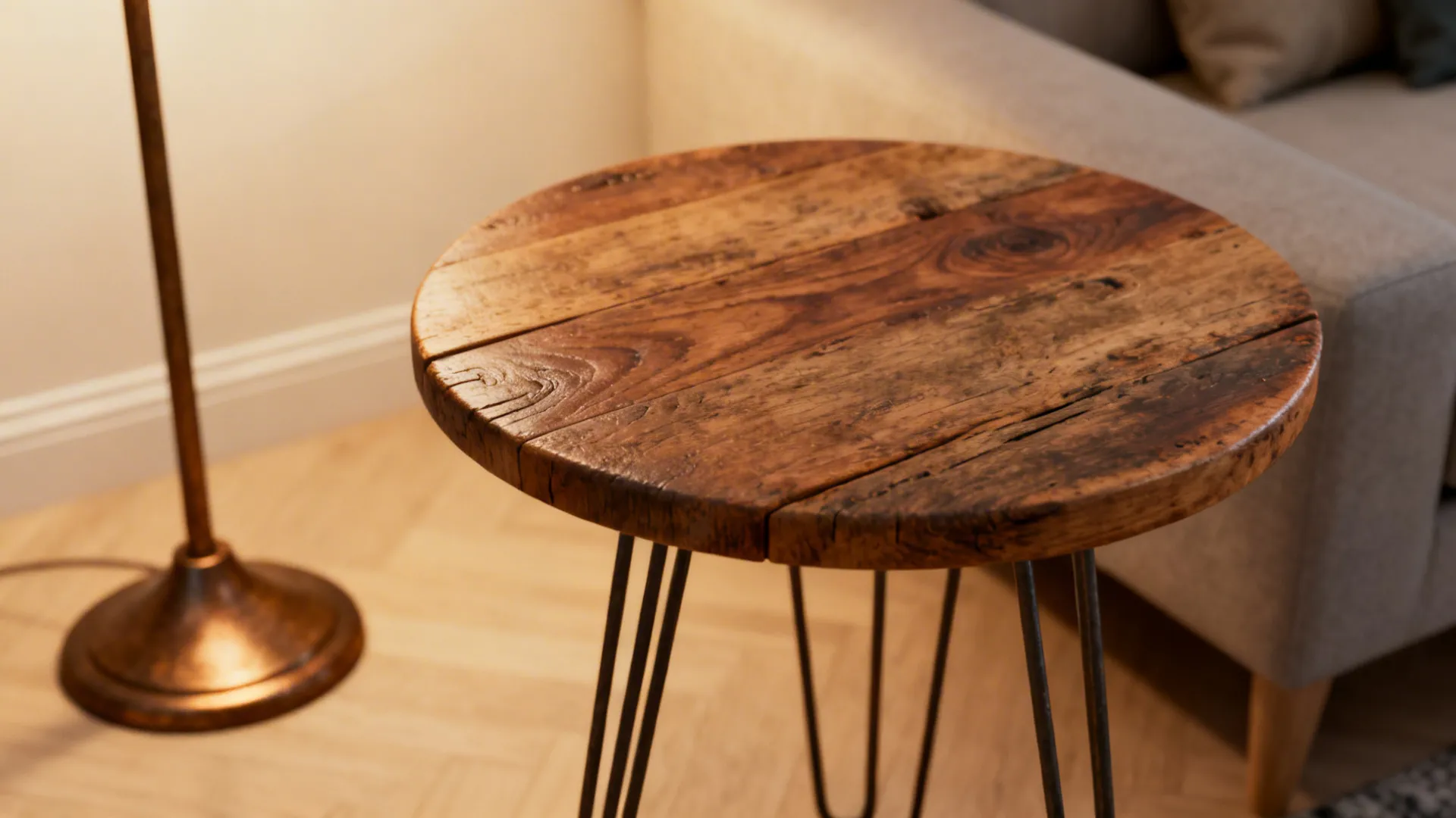 Reclaimed wood round top on hairpin legs, sanded and sealed, with coordinated lamp base nearby.