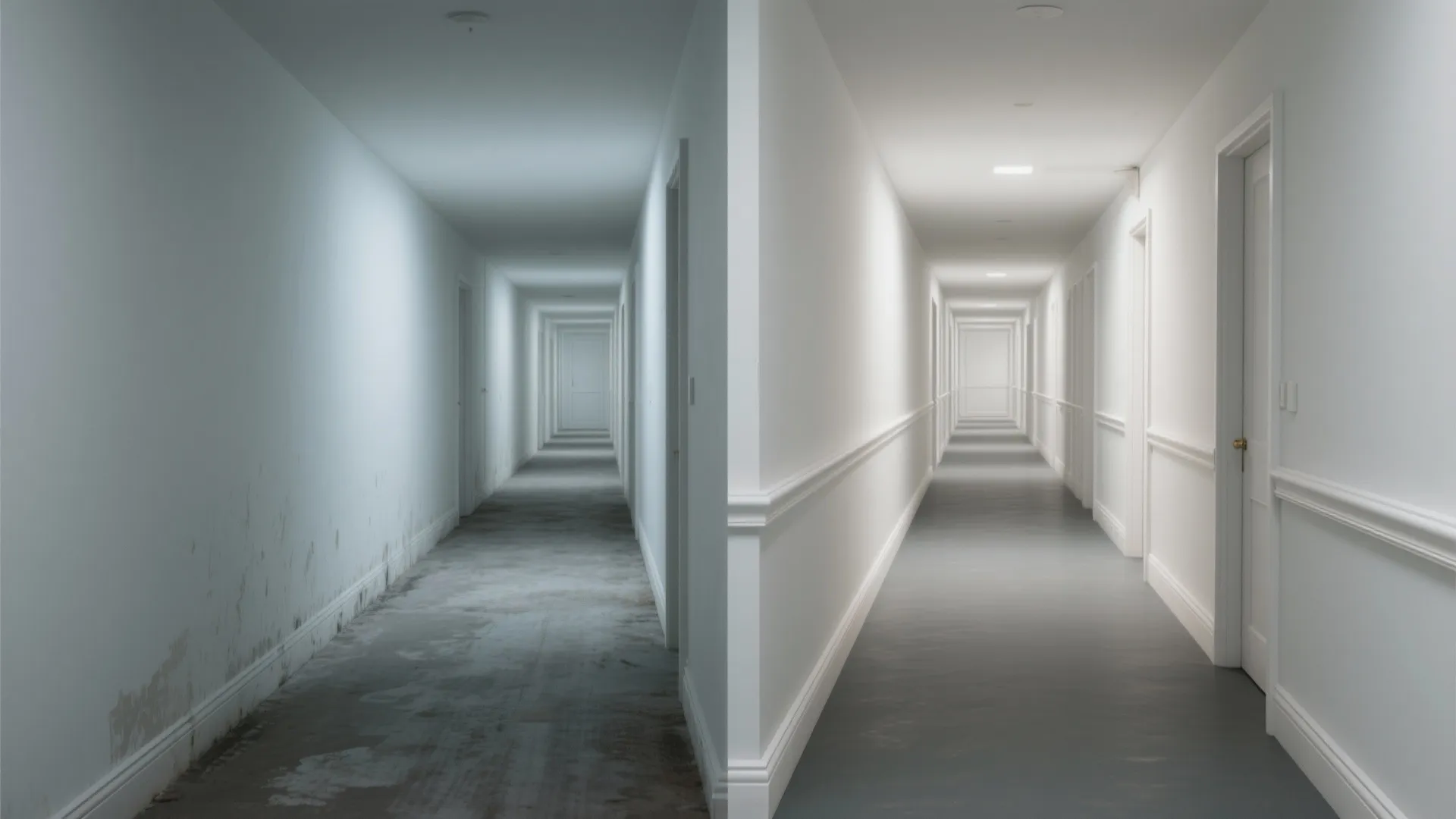 Before and after comparison showing a dirty hallway next to a clean bright renovated hallway
