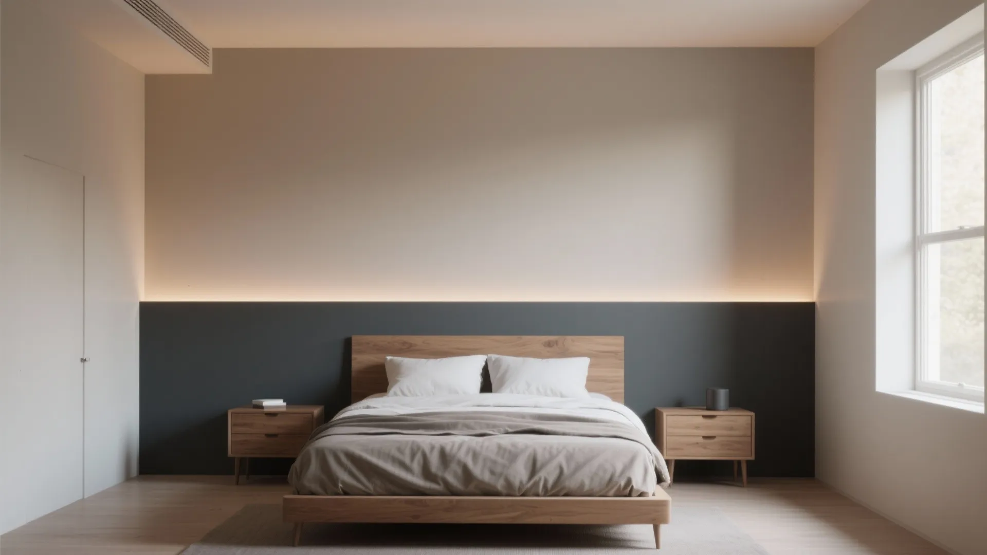Minimalist bedroom featuring wooden bed with grey headboard wall and warm hidden light fixture glow