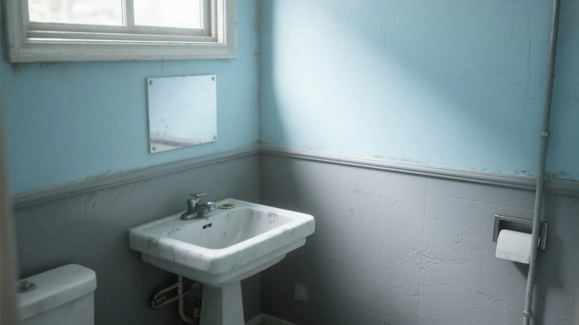 Small bathroom with blue upper wall gray wall panel white sink toilet and paper holder