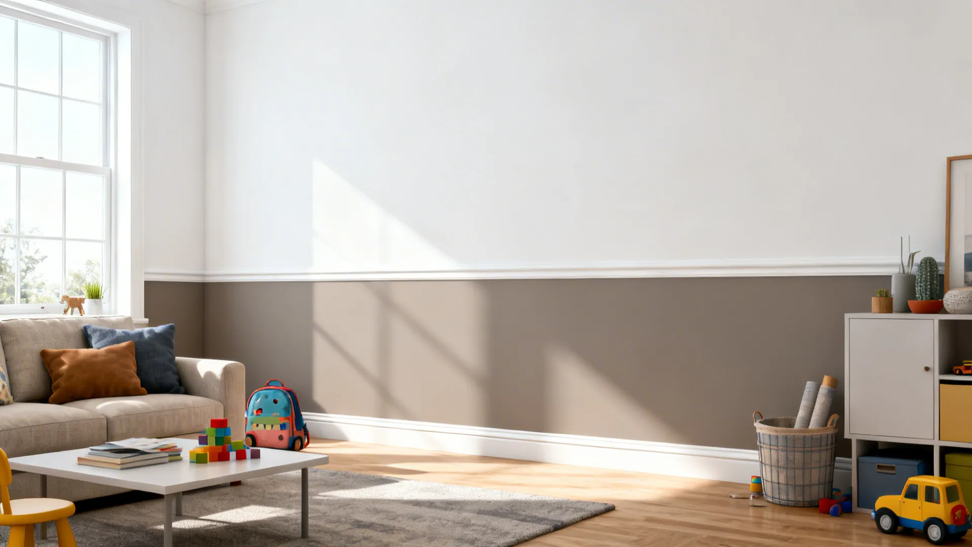 Living room wall painted white on top and warm grey on bottom with a thin chair rail.