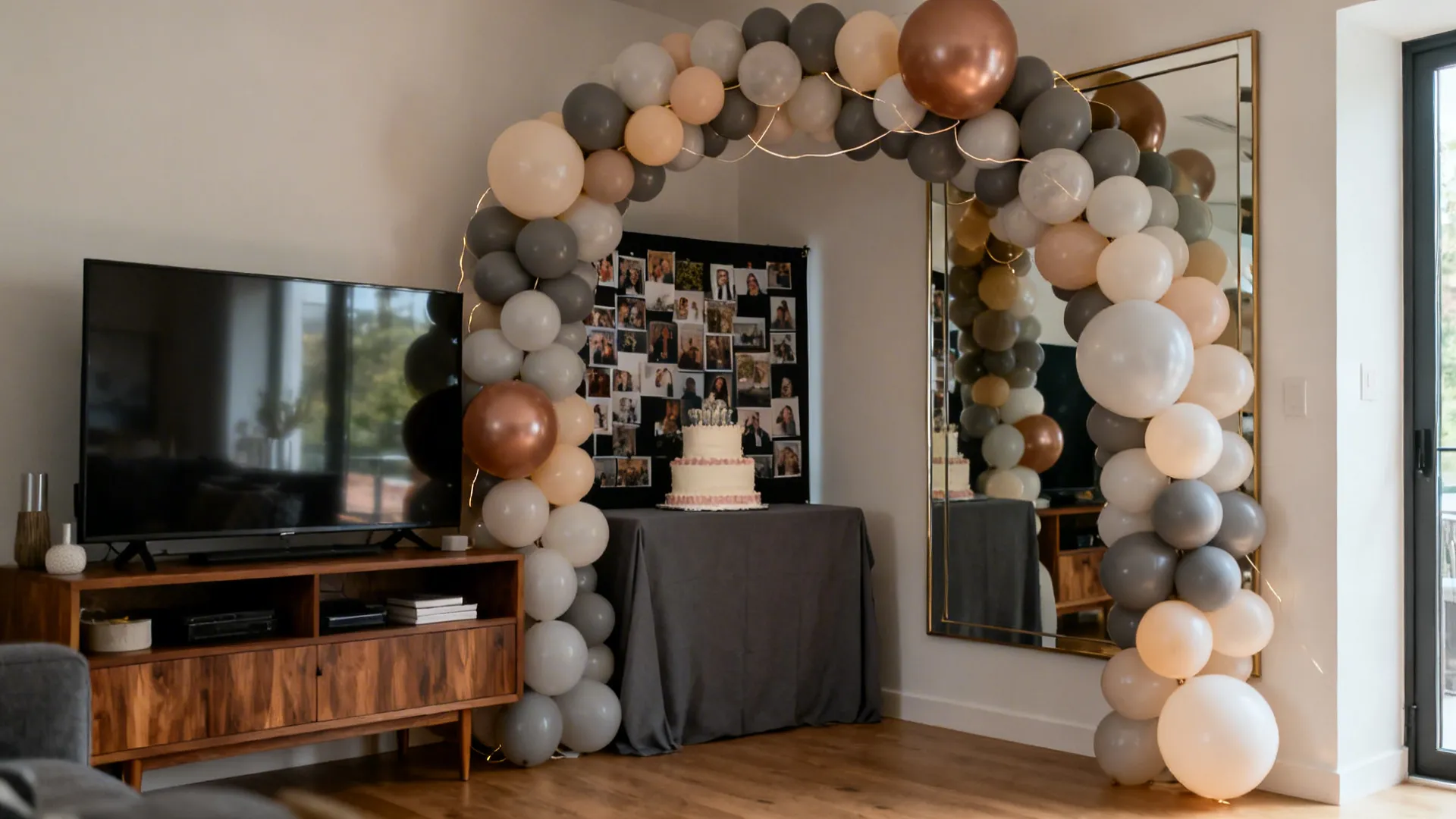 Large balloon arch in living room with a TV stand, cake table, and large mirror