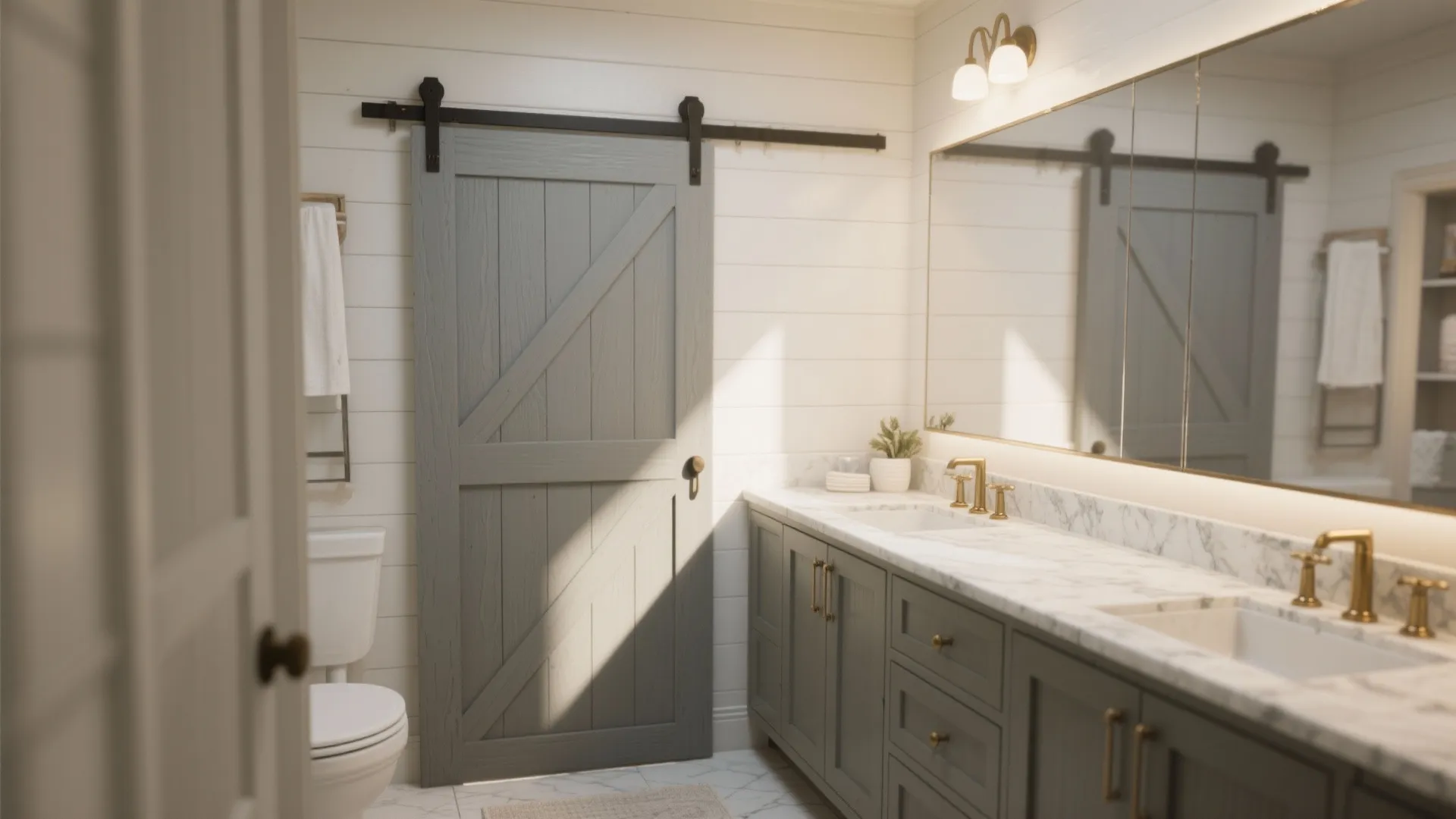 Modern farmhouse bathroom with grey sliding barn door marble countertop double sink and large mirror