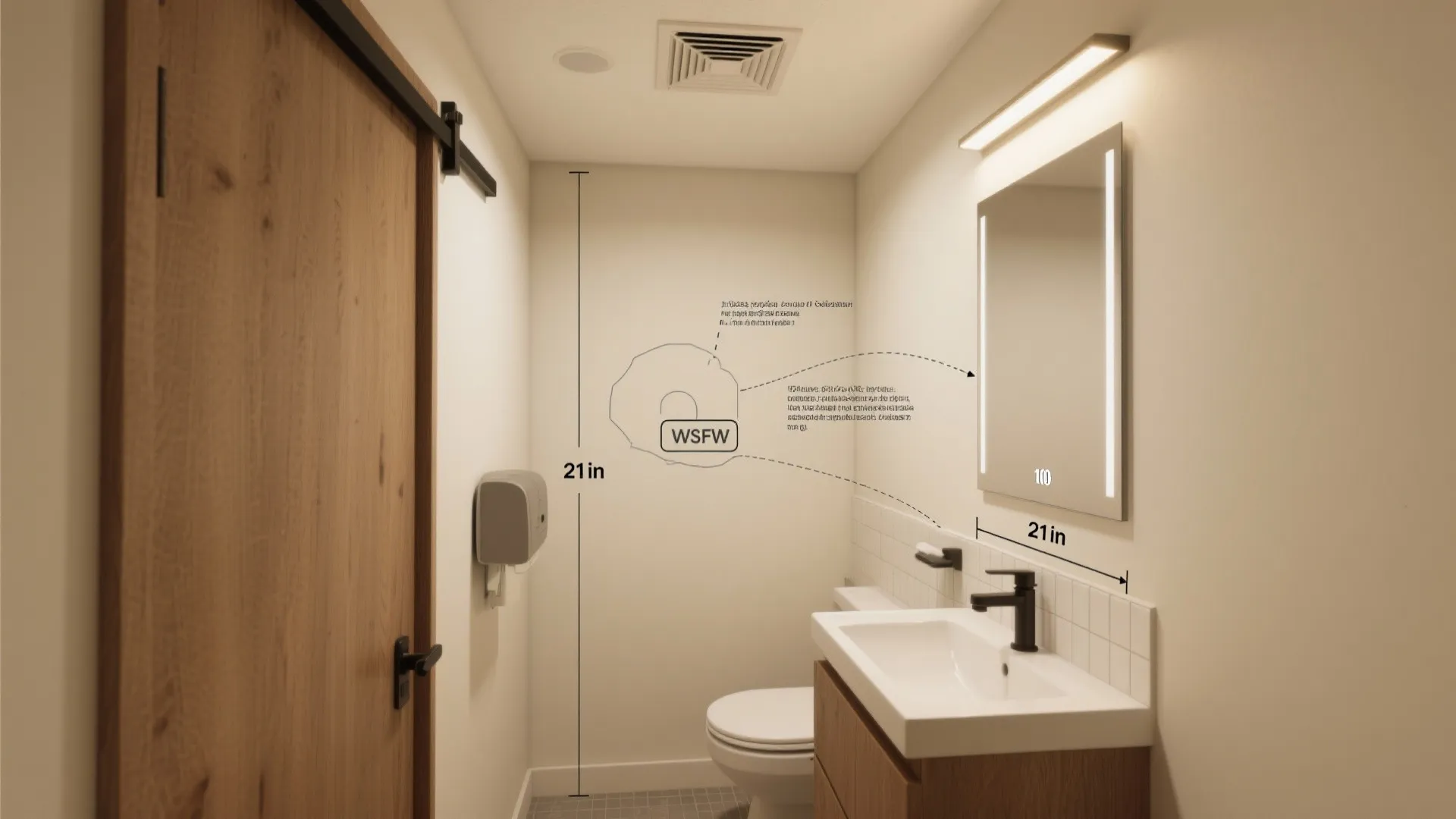 Interior design drawing showing bathroom dimensions with a sink white toilet and a wooden door
