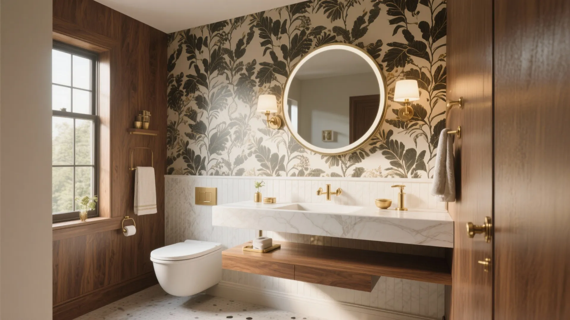 Vintage bathroom with leaf wallpaper marble counter white toilet wall light and dark wood wall panels
