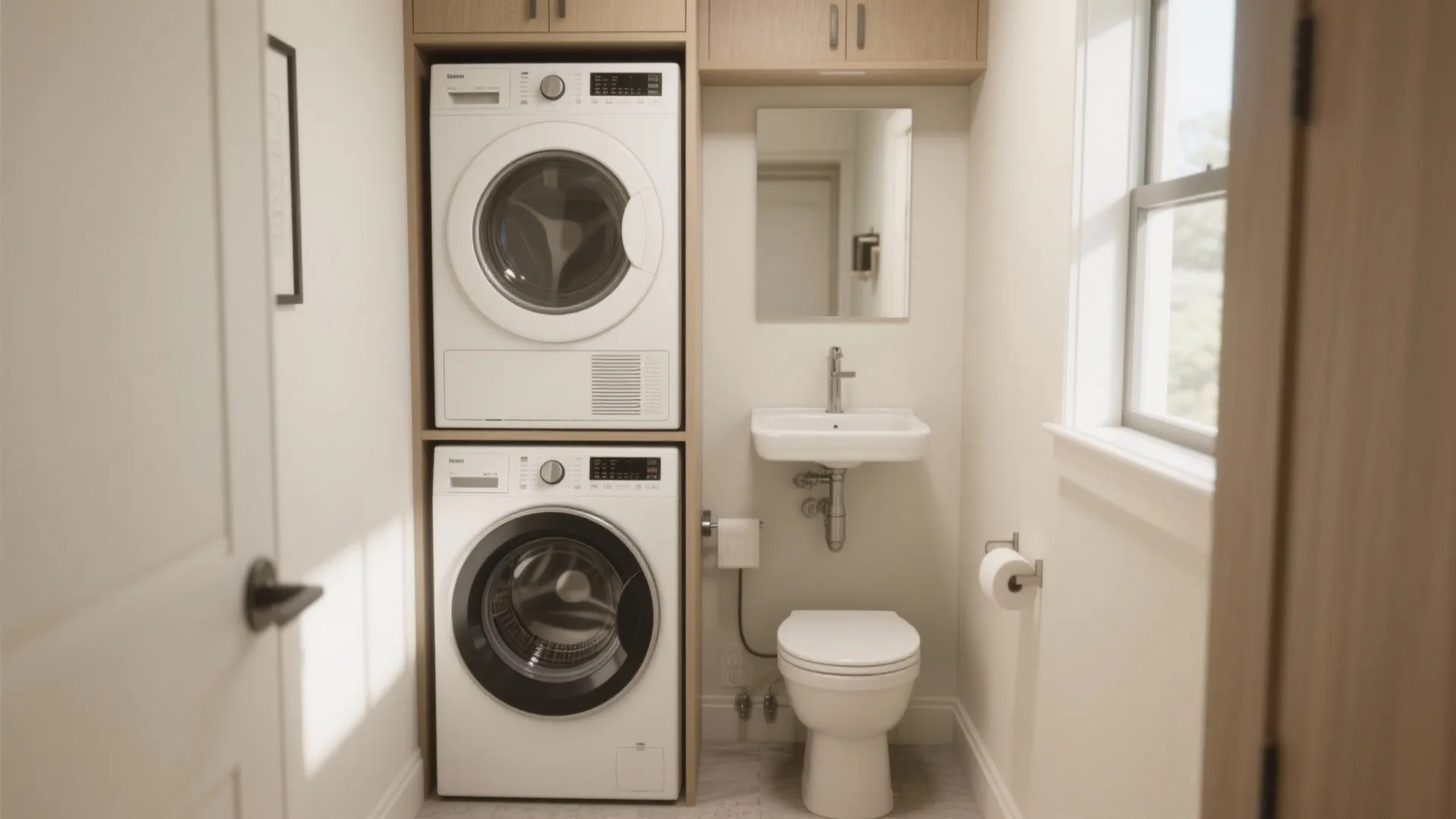 Small bathroom and laundry room combo with stacked washing machines next to a white toilet