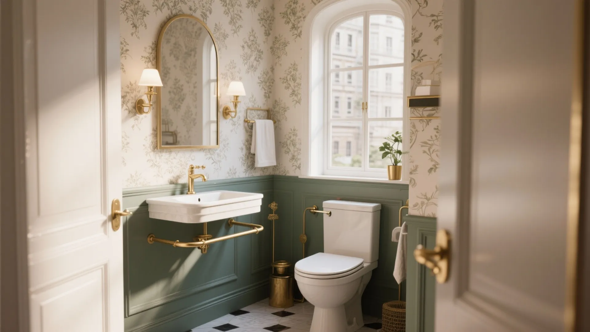 Small vintage bathroom with green wall panel floral wallpaper white toilet sink and gold wall light