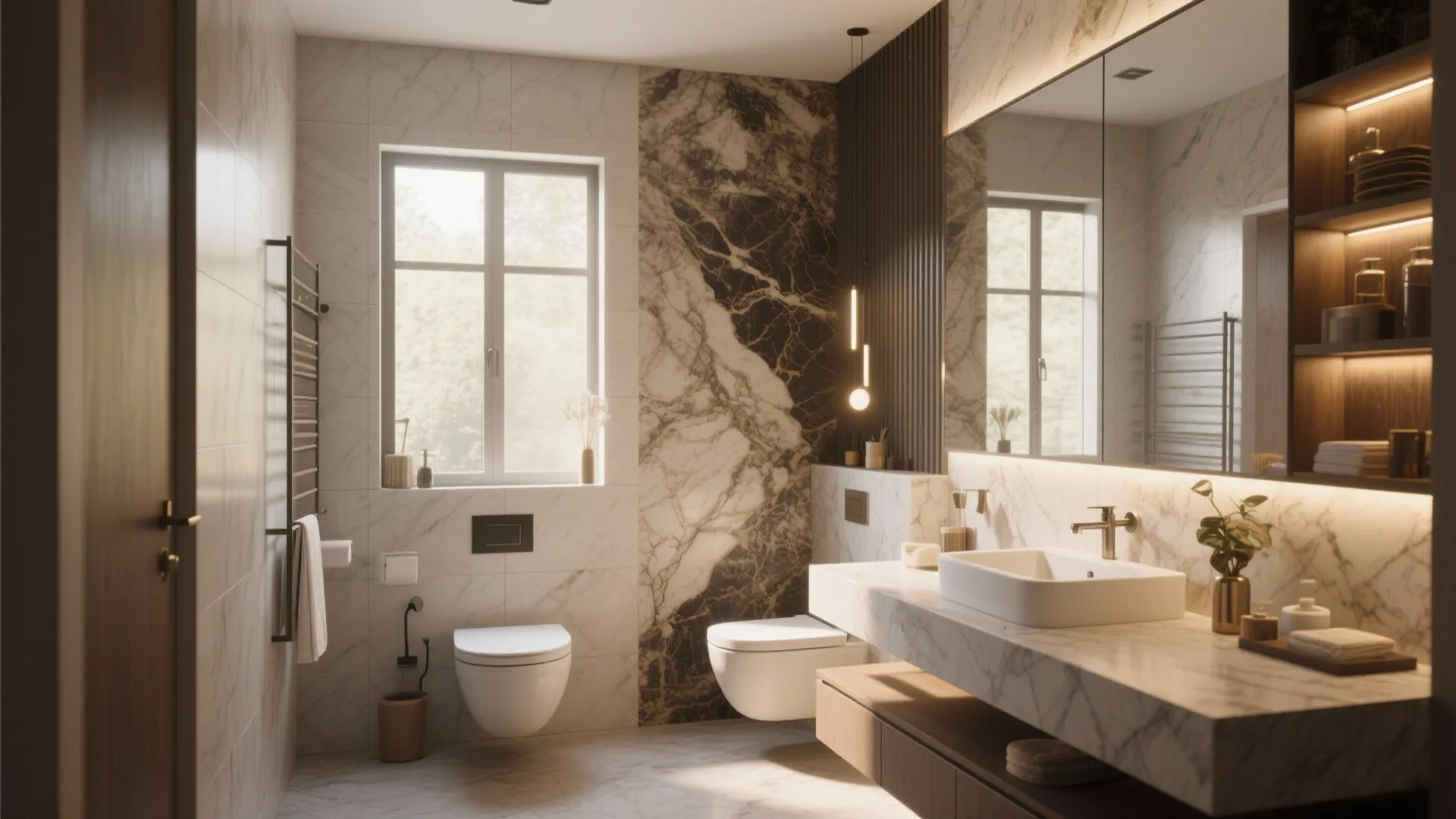 Modern bathroom with marble walls white toilet floating vanity large mirror and bright window natural light