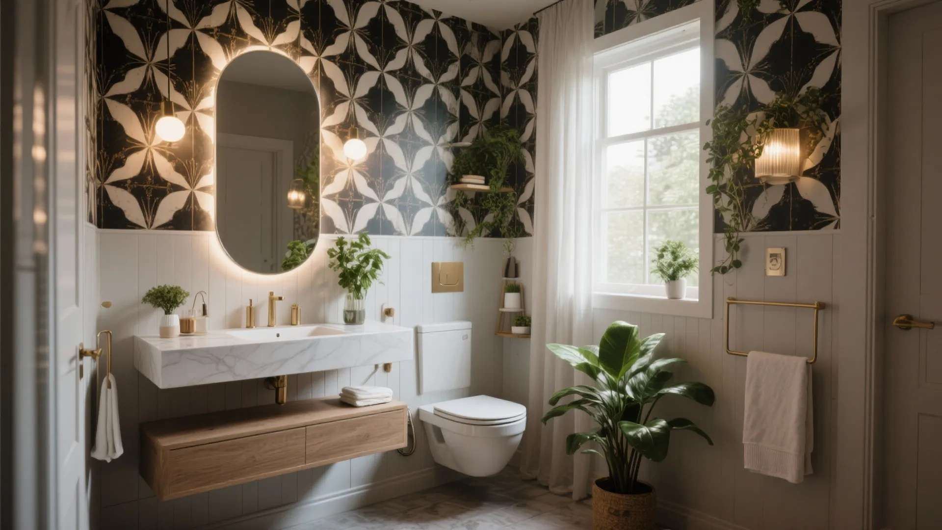 Modern bathroom with pattern wallpaper marble sink wooden cabinet white toilet window and green indoor plants