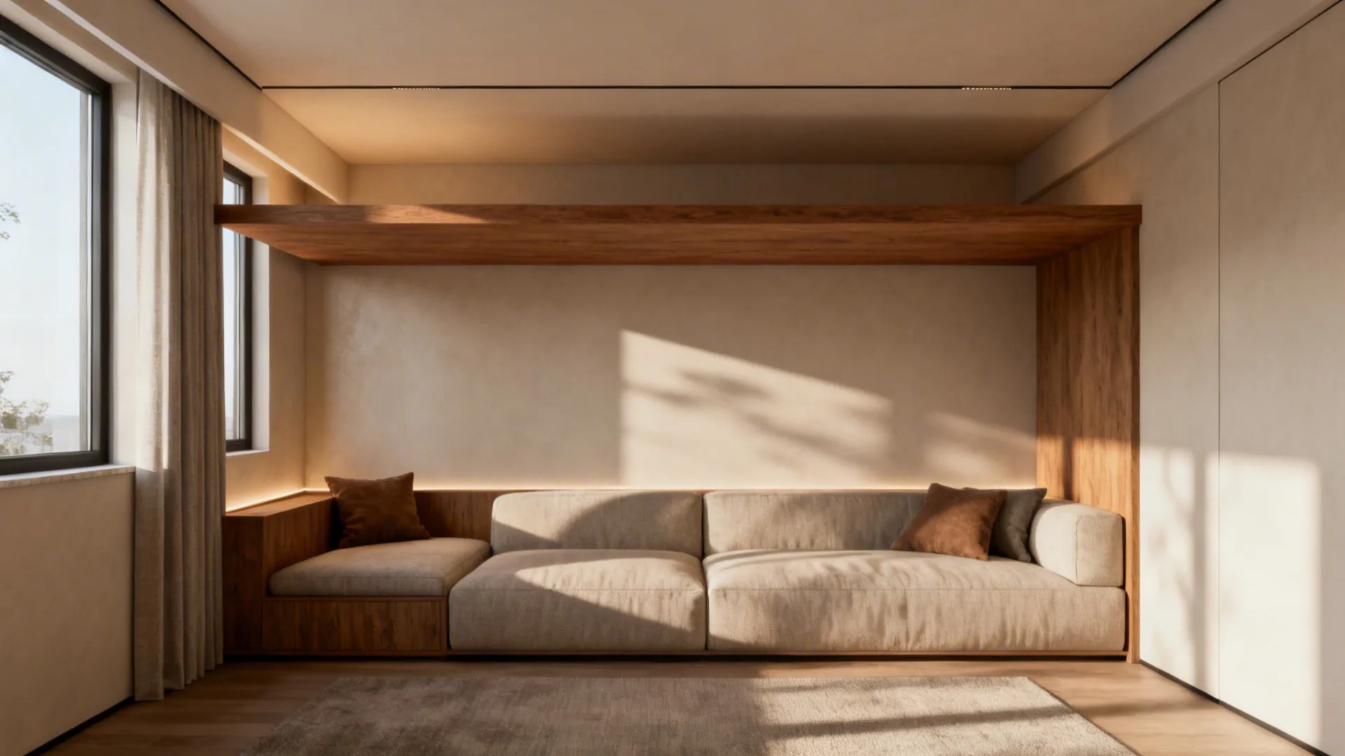 Compact living room with a slim half-beam above the sofa creating a cozy canopy effect.