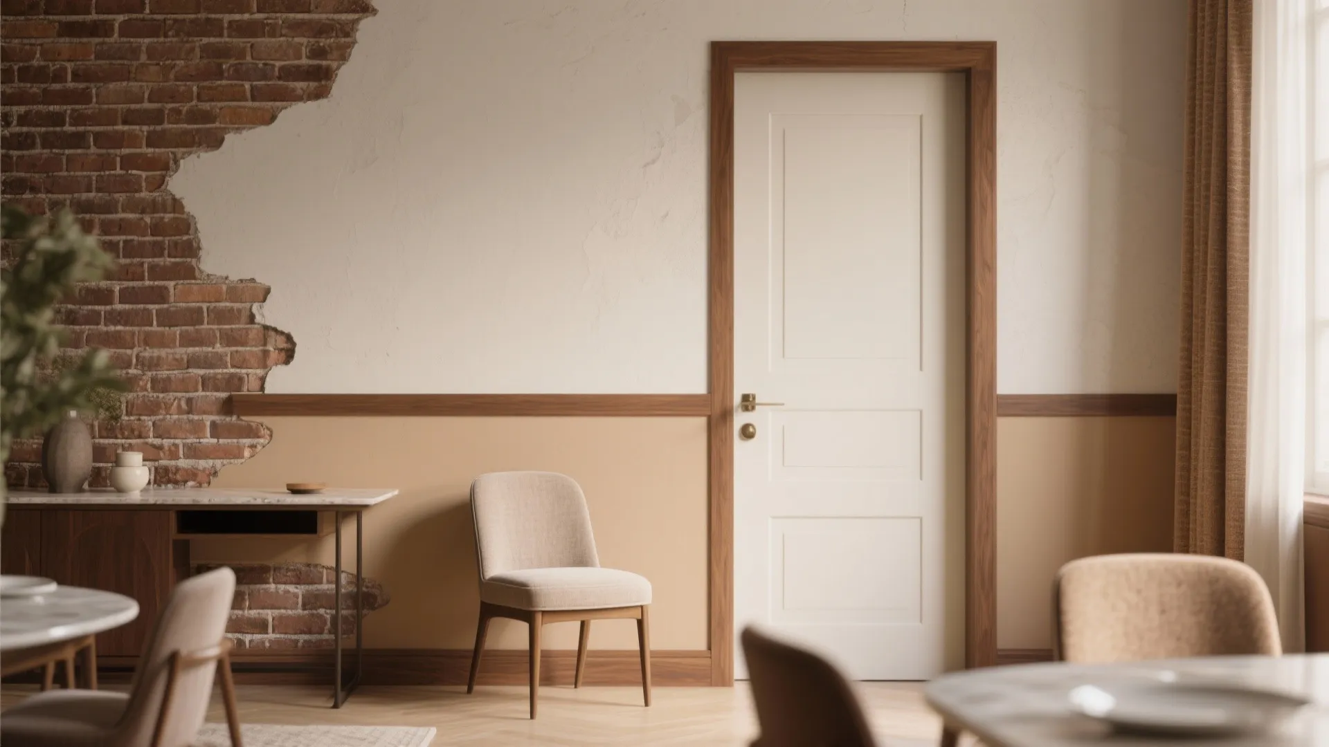 Dining area with white door and wall panel next to exposed brick and beige walls