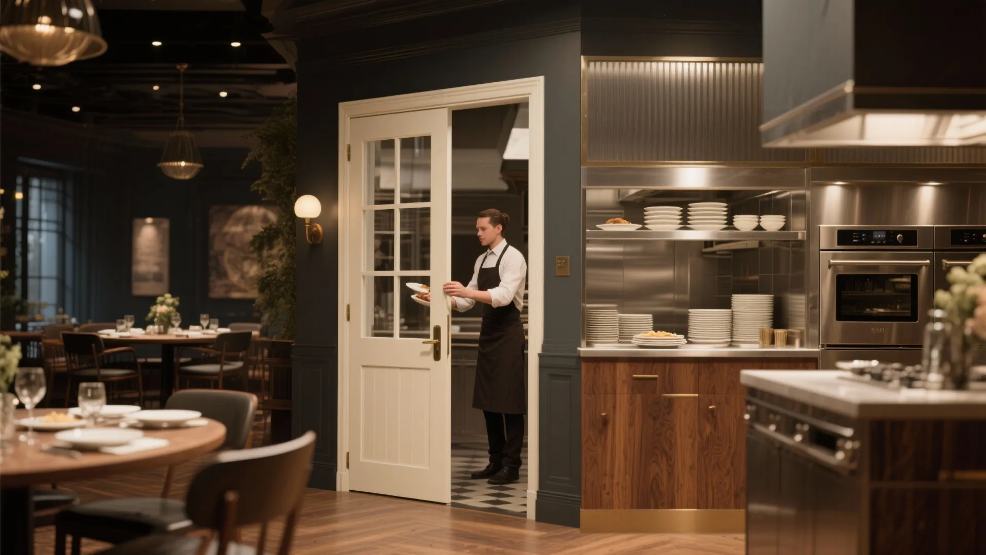 Half-door with removable top panel serving as a pass-through between kitchen and dining.