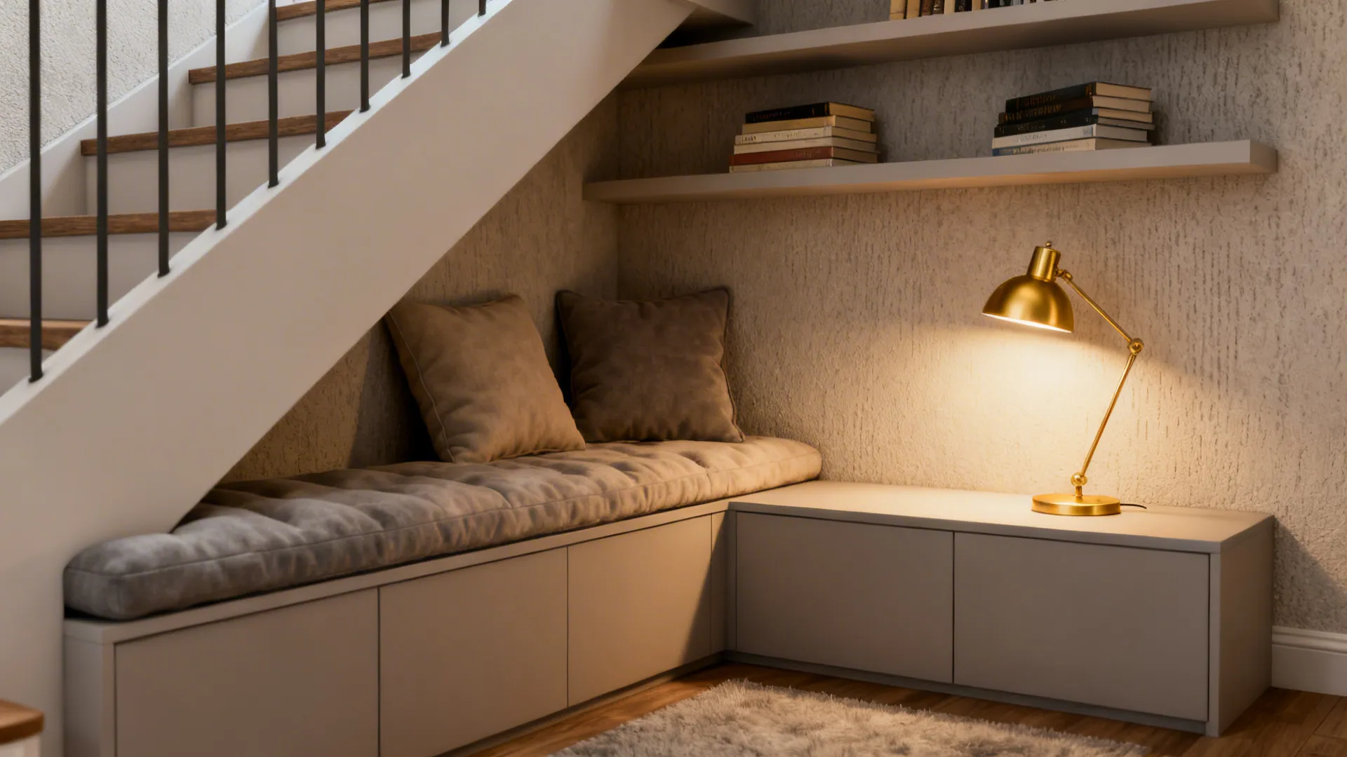 Cozy reading corner under stairs with grey bench cushions gold desk lamp and wooden shelves