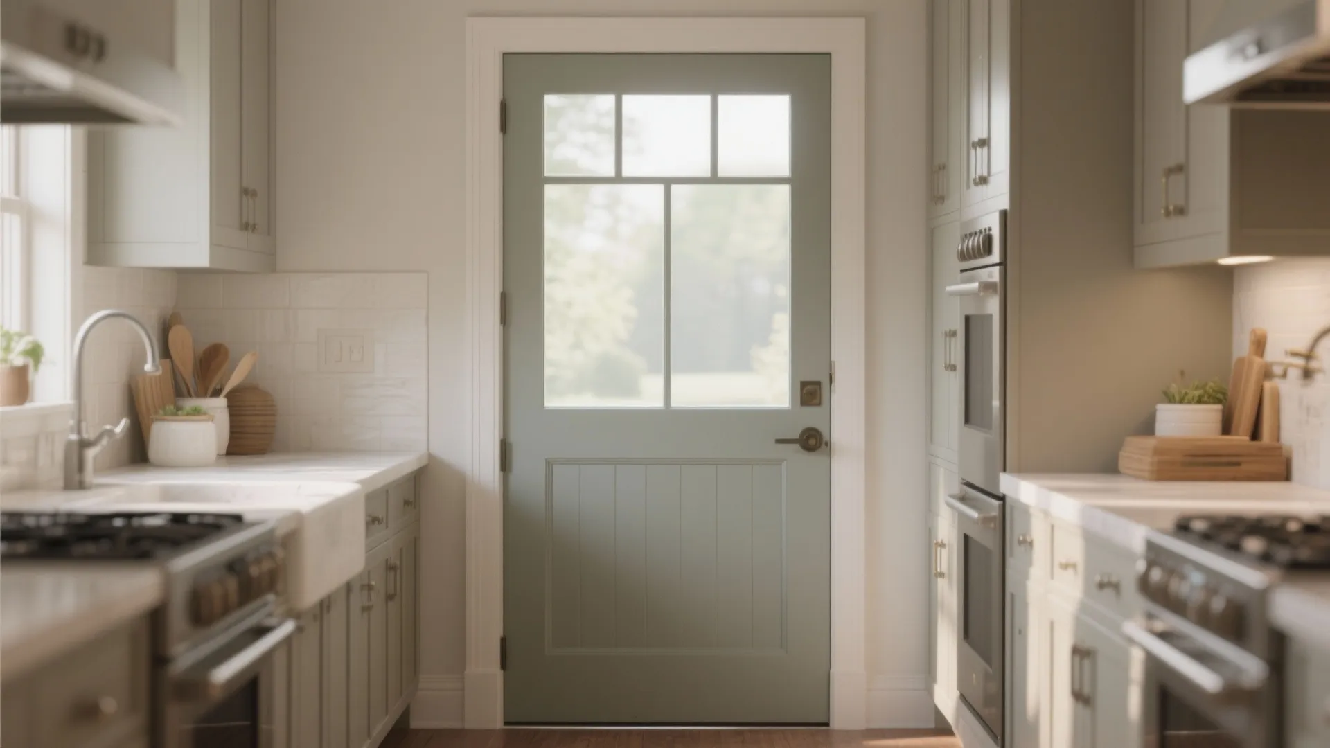 Sage green half glass kitchen door with white frame surrounded by light grey wooden storage cabinets