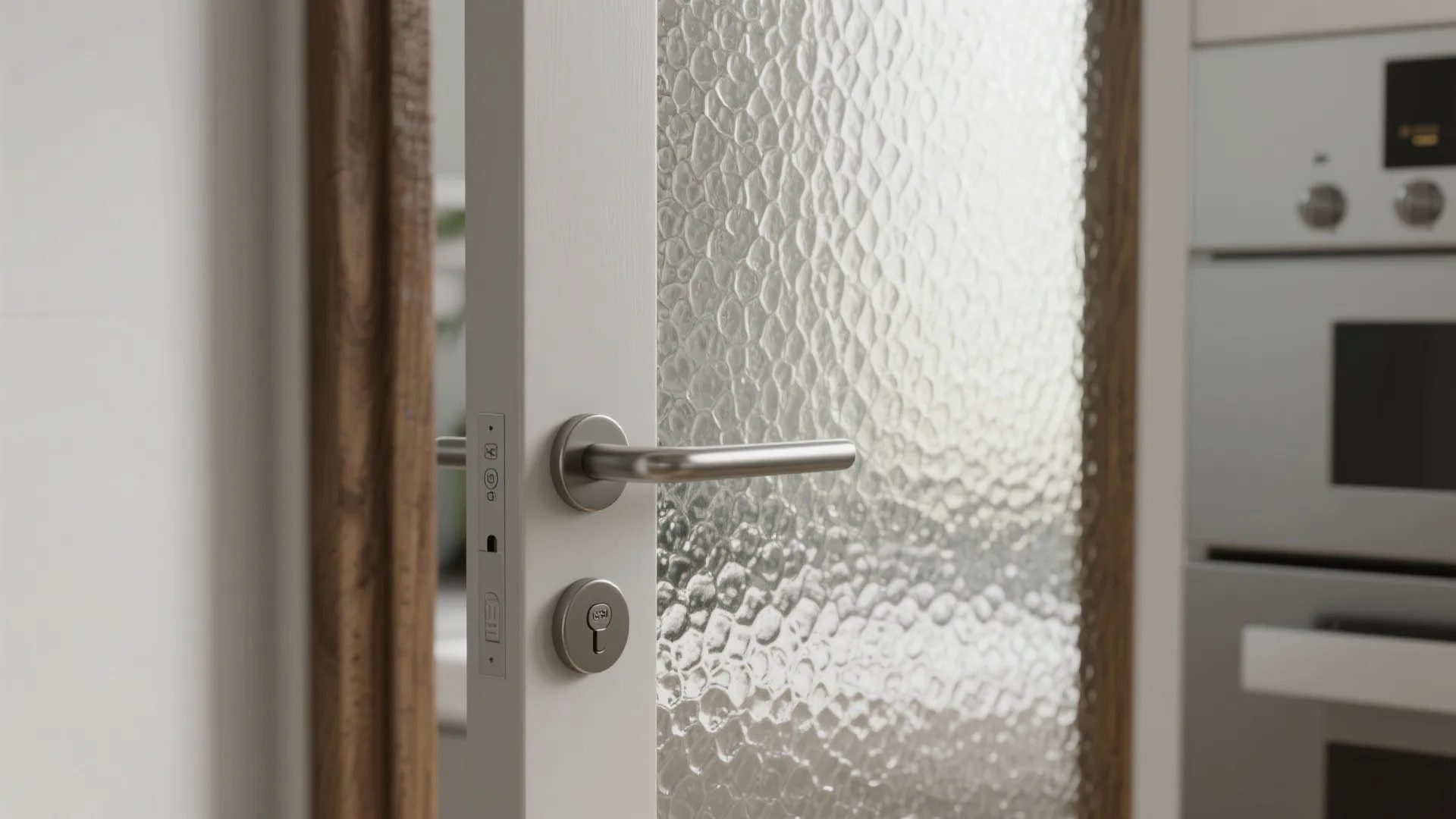 Close-up of a half-glass kitchen swing door with frosted glass and brushed handle.