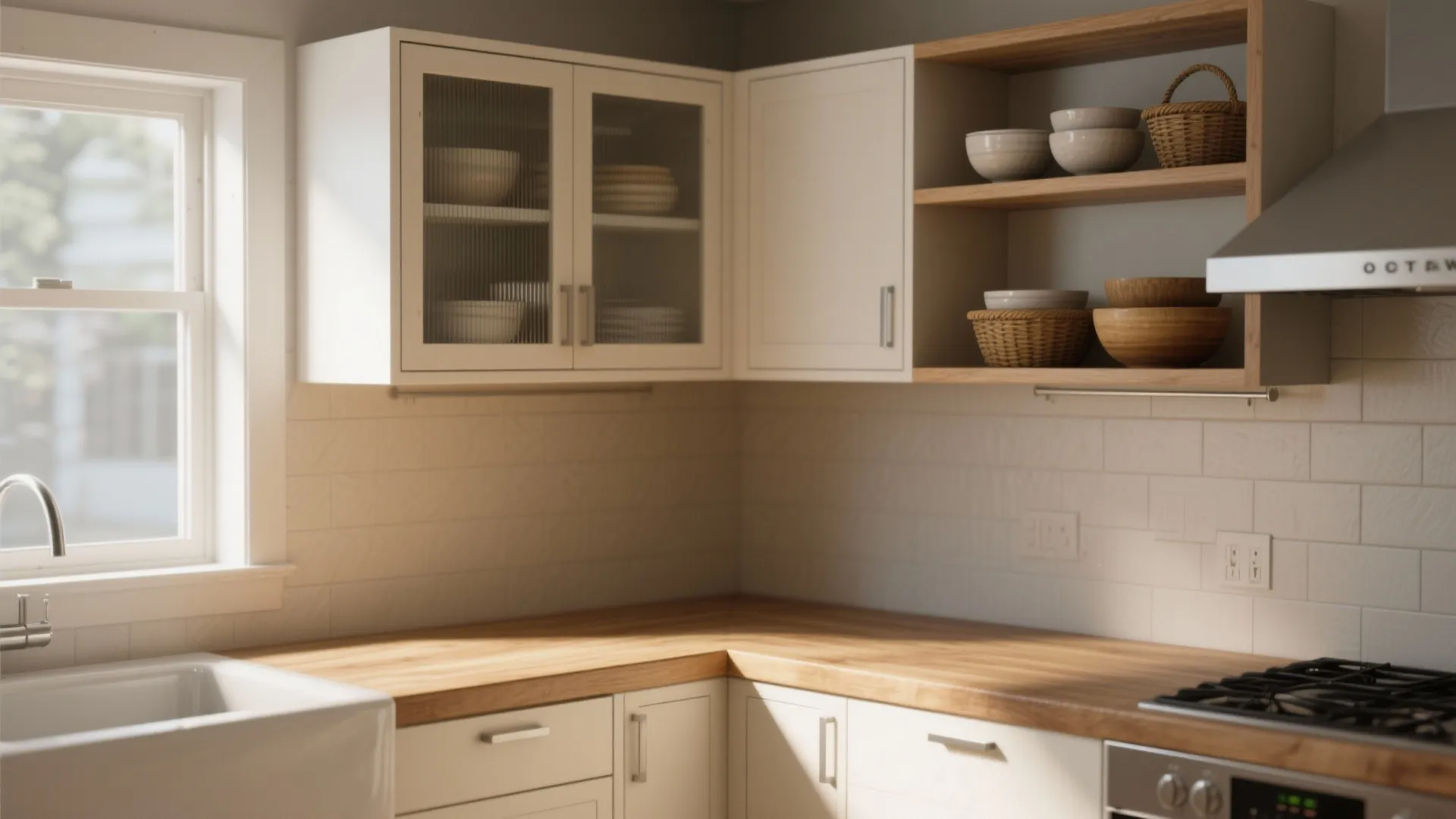 Modern kitchen corner with white cabinets glass doors wooden countertop white tiles and a kitchen sink