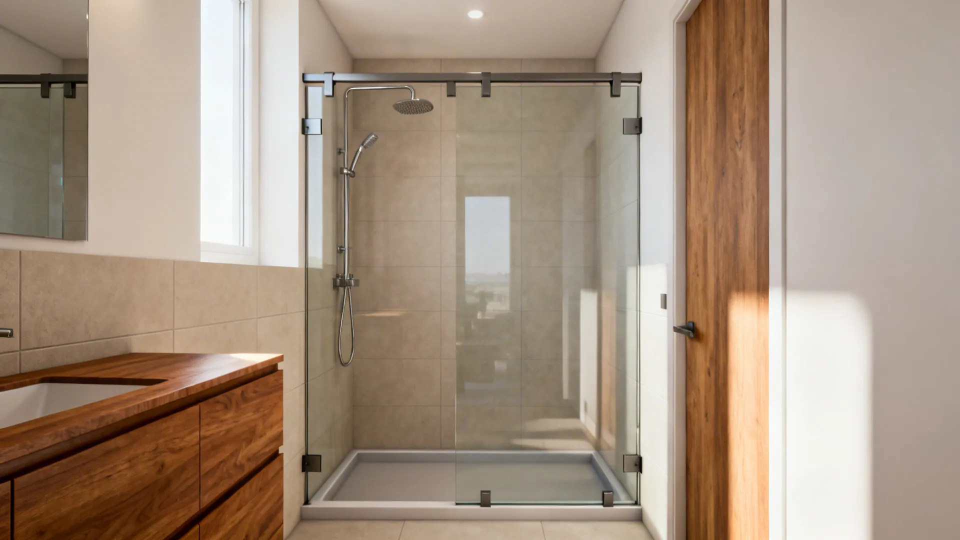 Small bathroom with a half-height glass partition preserving sightlines and openness