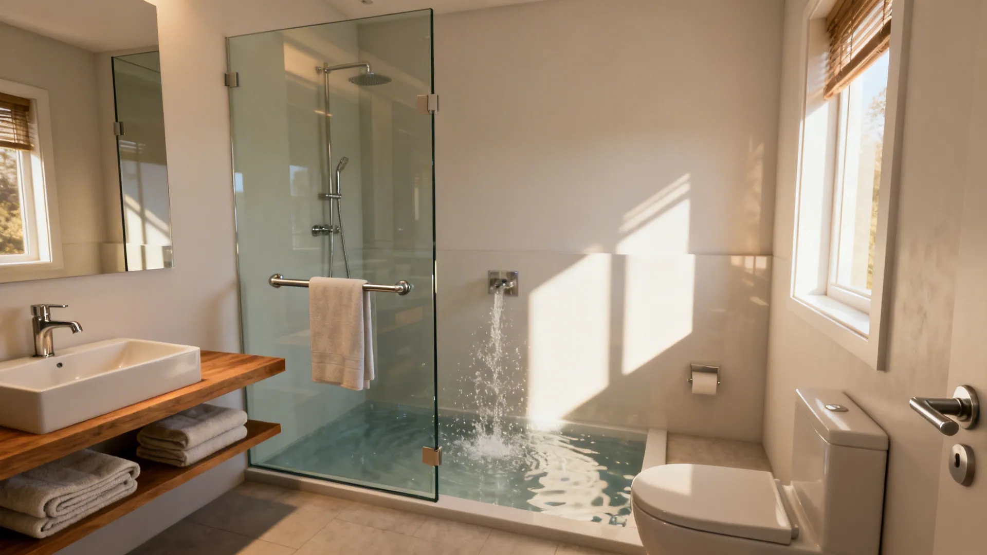 Small bathroom with a half-height glass partition separating shower and dry zones