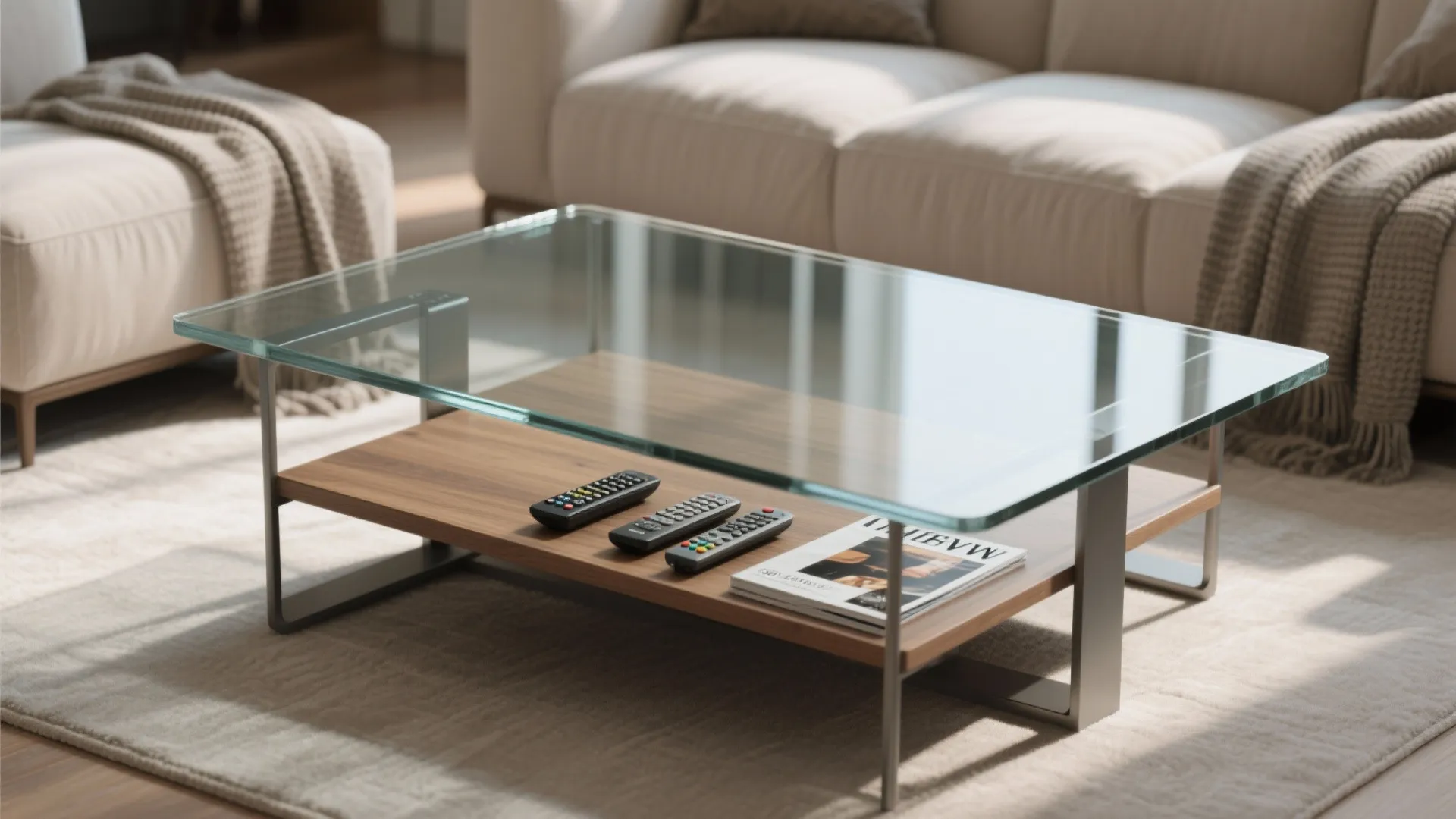Rectangular glass coffee table with wood shelf holding remote controls and magazine in a living room