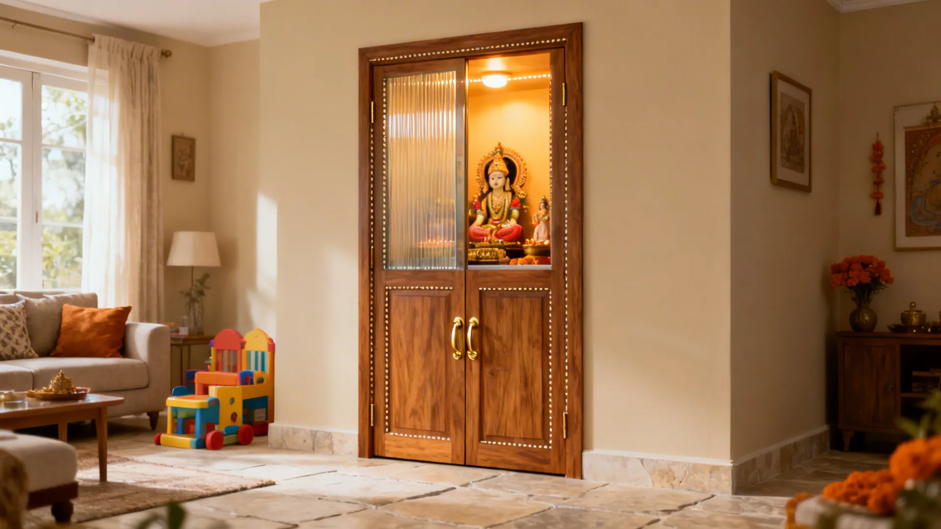 Wooden prayer cabinet with a statue and glass door in a living room with sofa