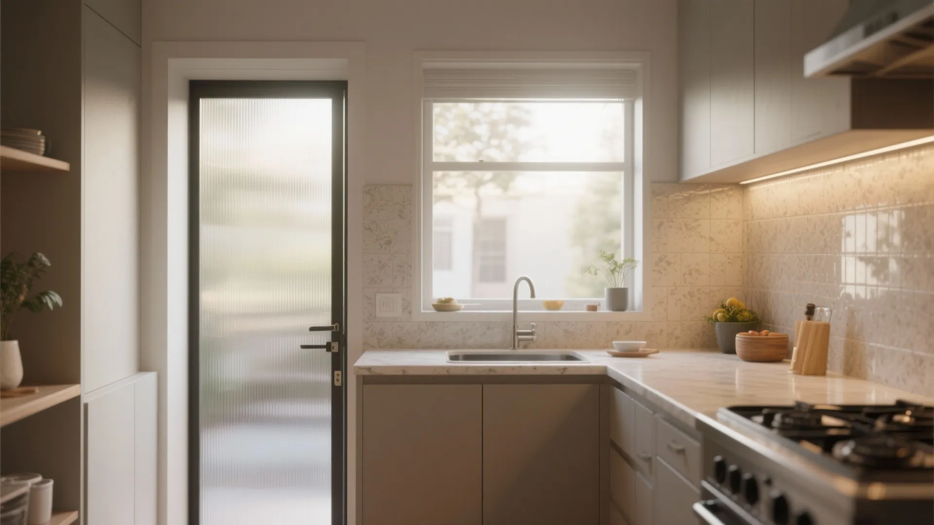 Compact kitchen brightened by a half-glazed frosted swing door that diffuses daylight.