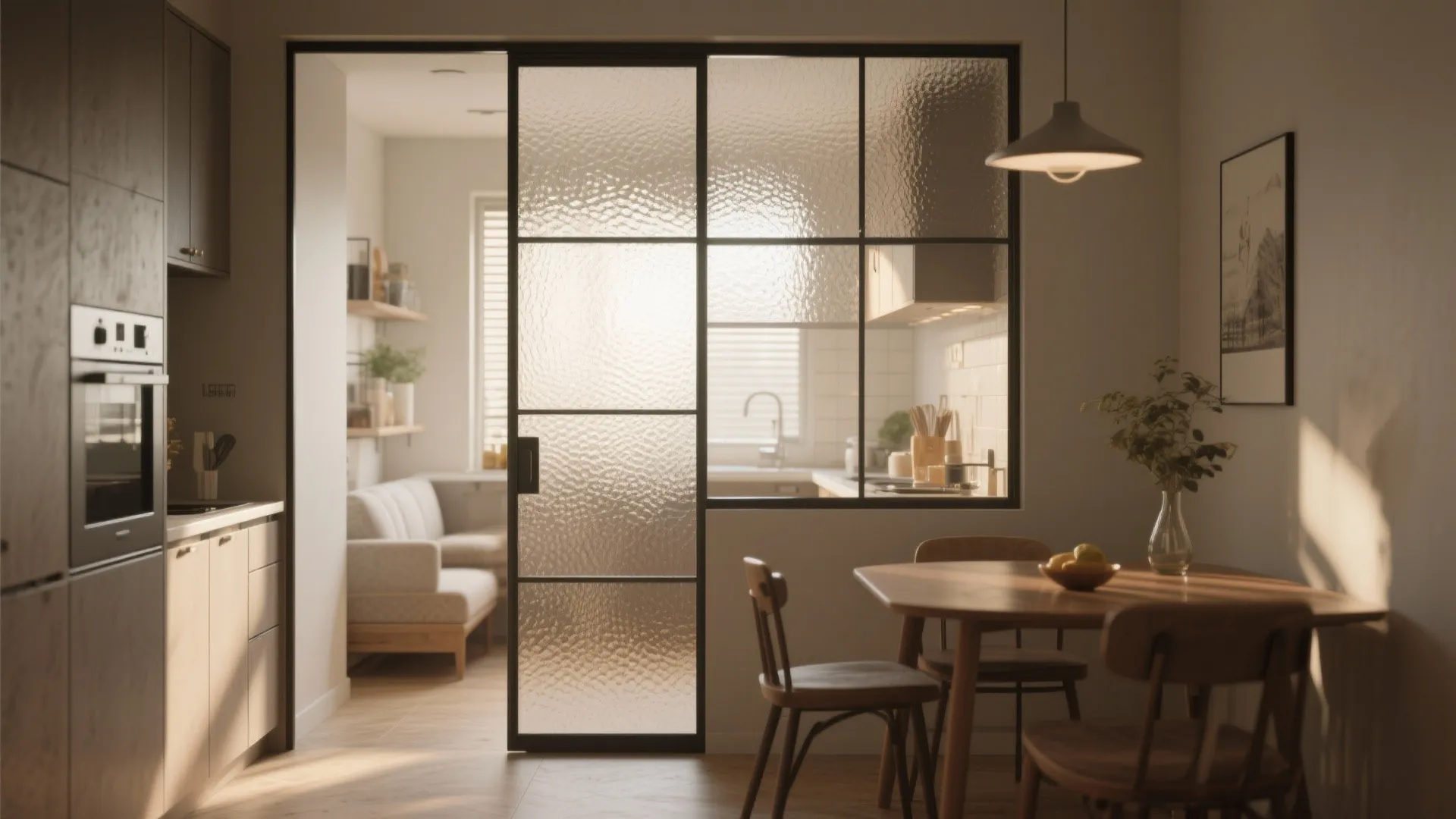 Small kitchen and dining nook separated by a half-glazed swing door admitting natural light.