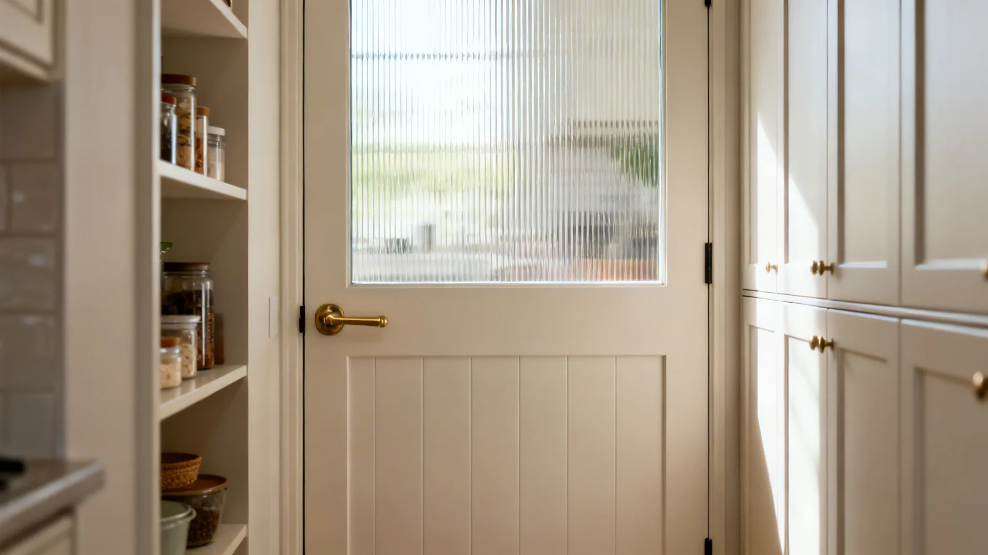 Half-glazed barn door with reeded glass shares light while hiding pantry clutter.