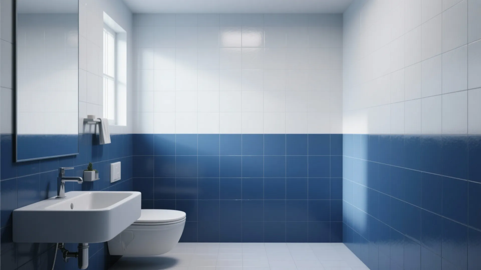 Minimalist bathroom featuring white and blue wall tiles with a white wash sink and toilet