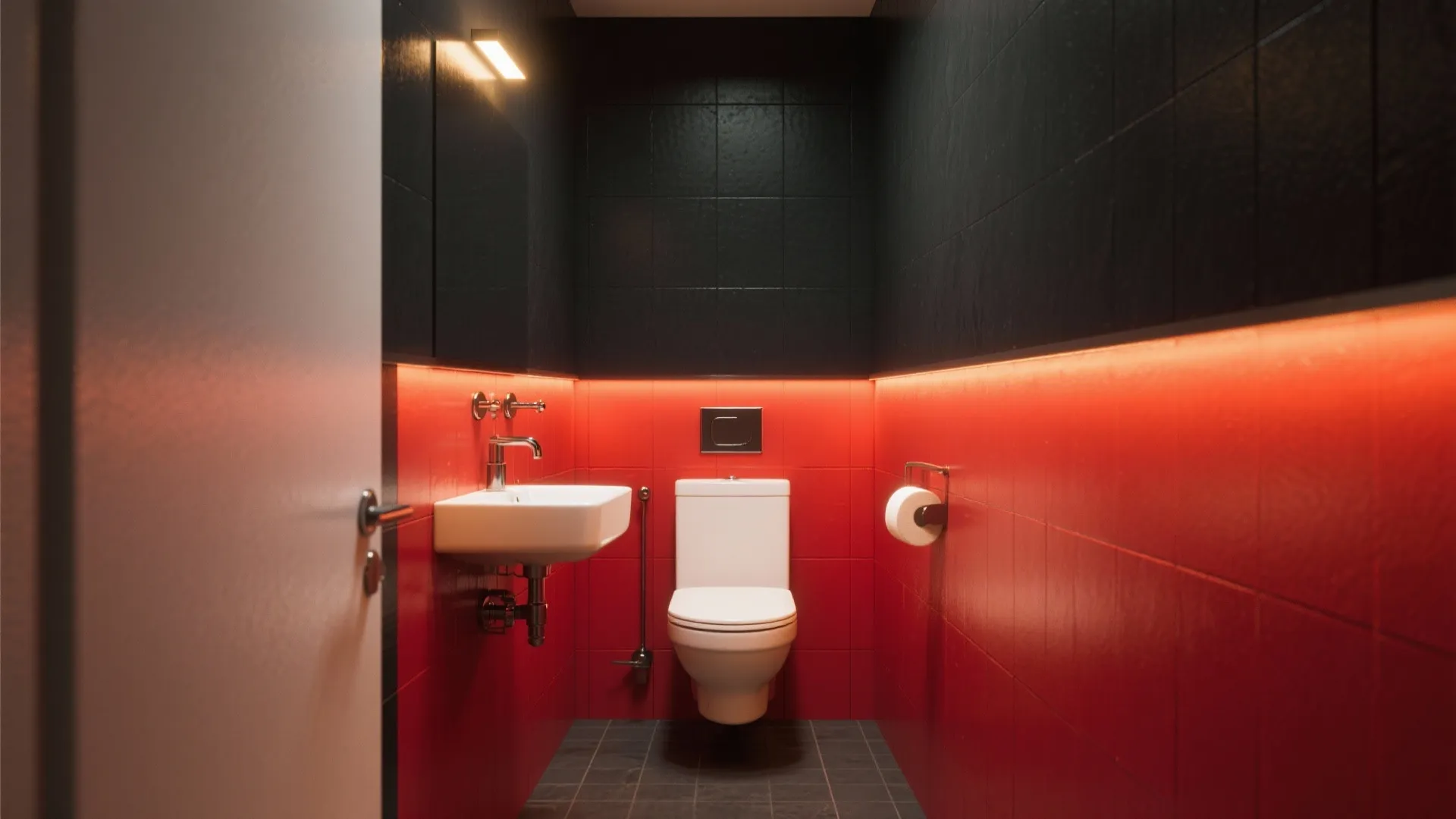 Modern small bathroom with black upper tiles and red lower tiles including toilet and white sink