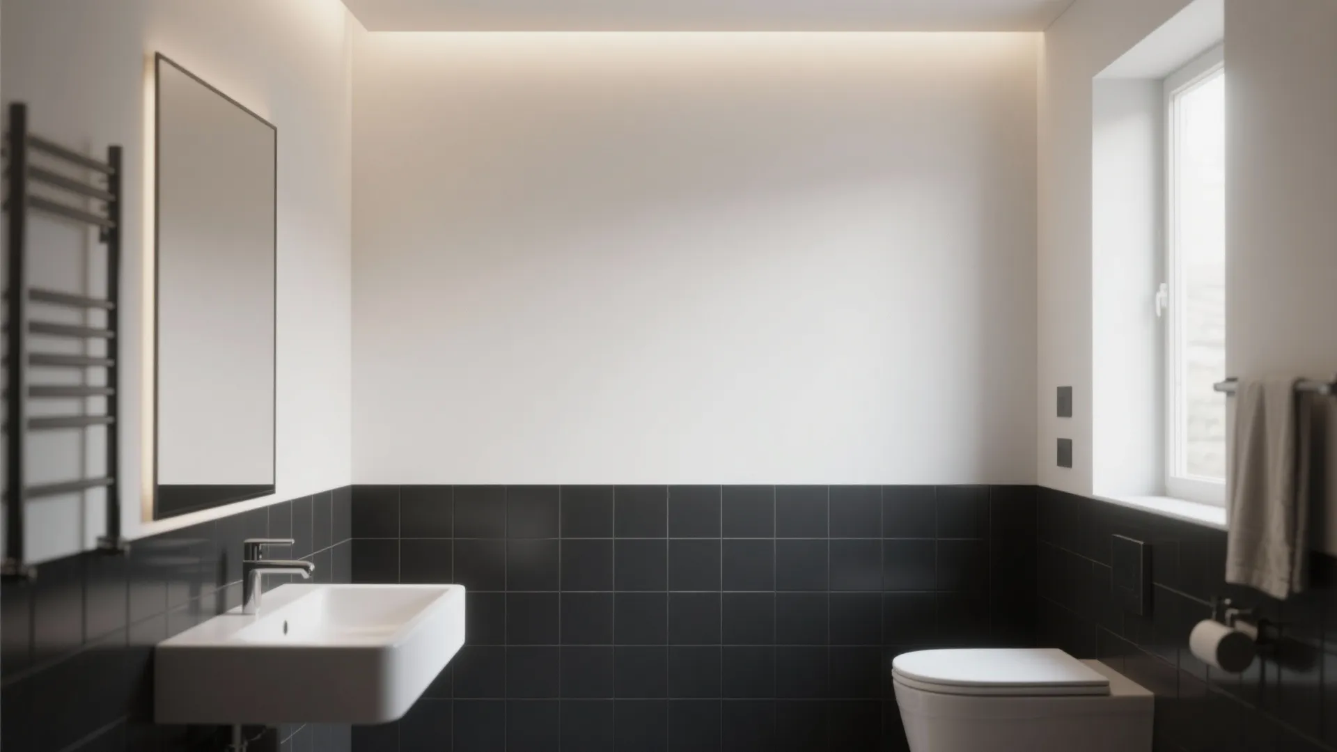 Bathroom with half-and-half painted tile walls in deep charcoal and light neutral