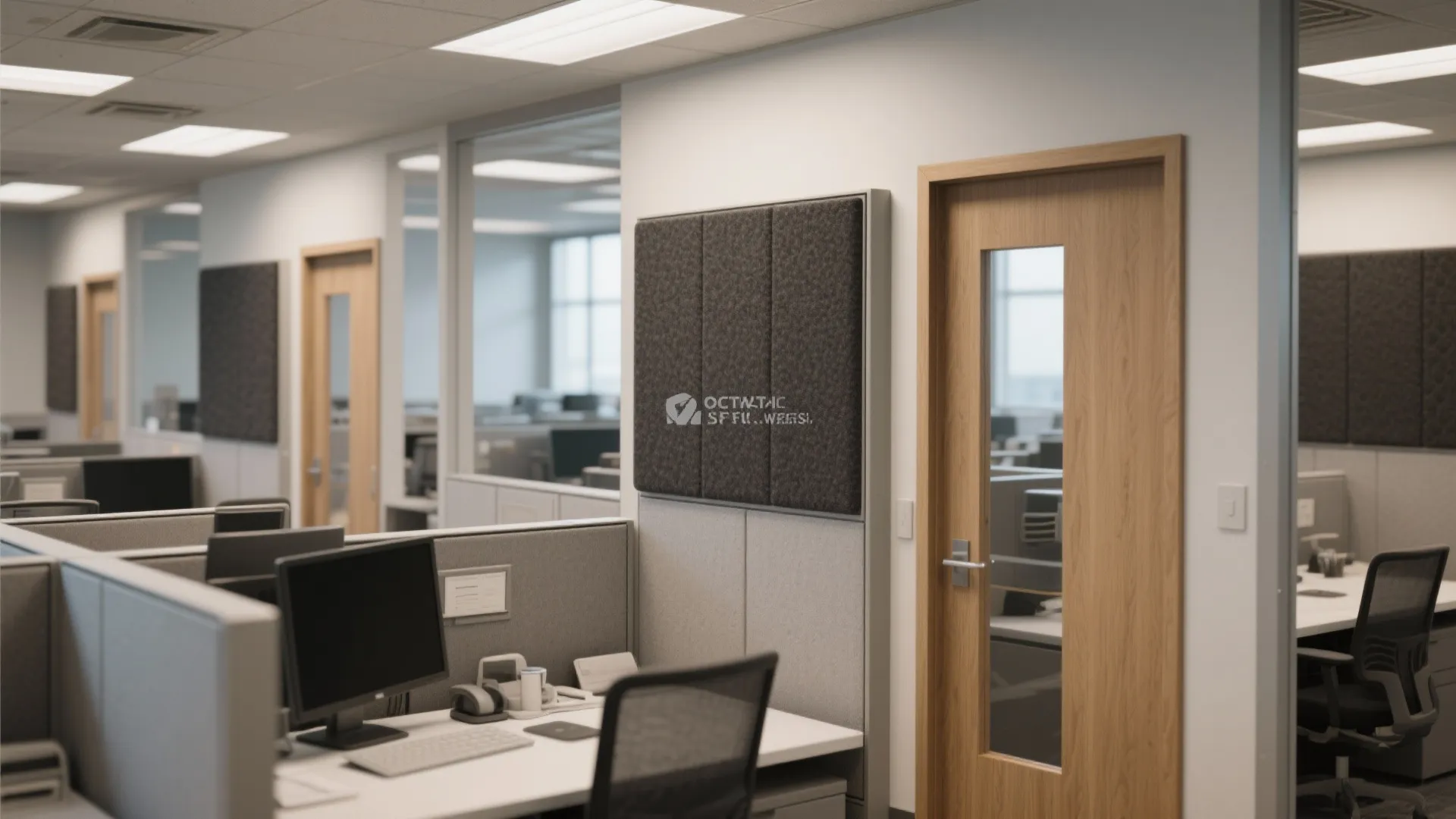 Professional office cubicle setup with grey wall panels and a wooden door with glass window
