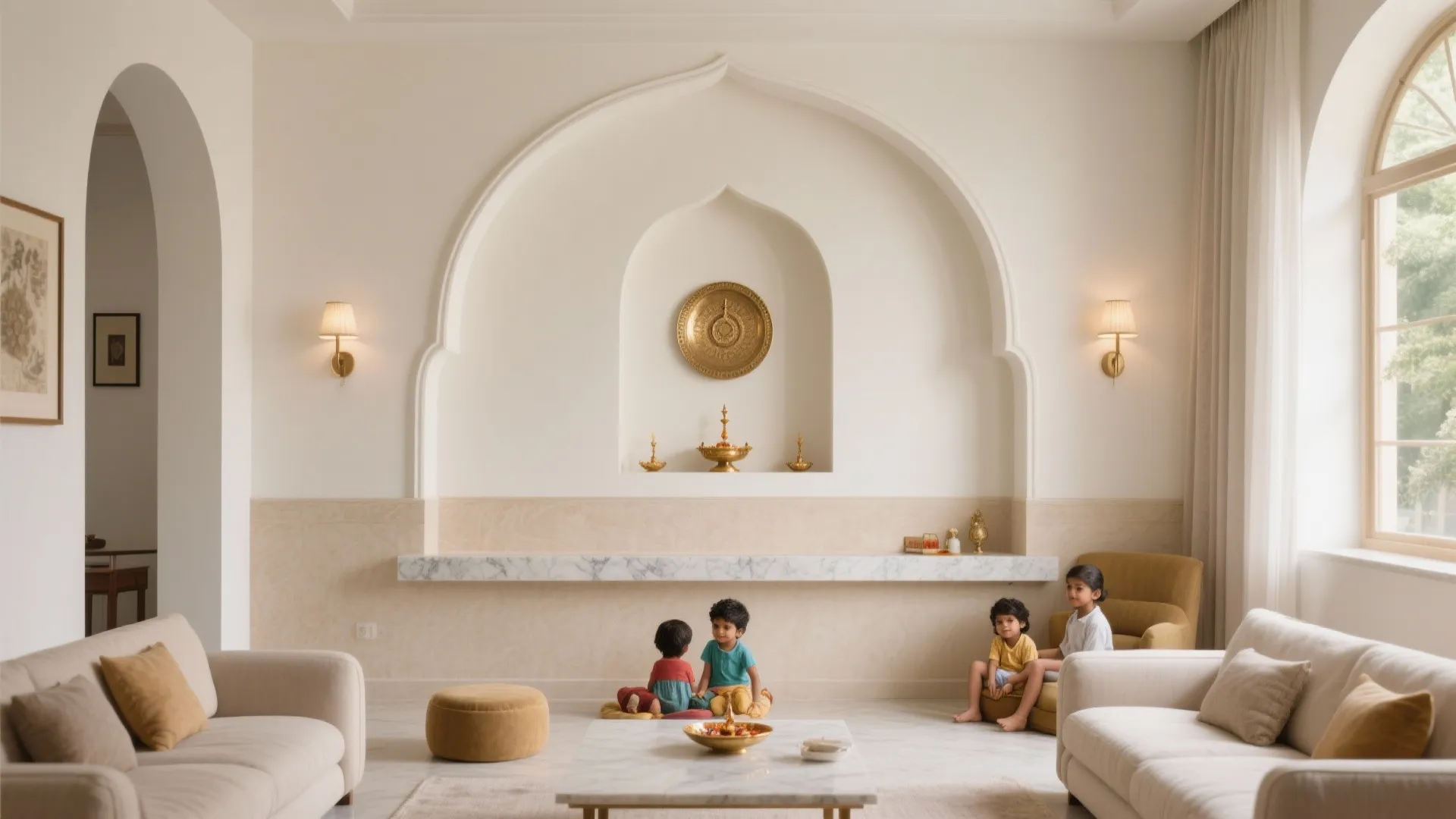 Half-height wall with elegant arch frames a bright pooja corner while keeping the living room open.
