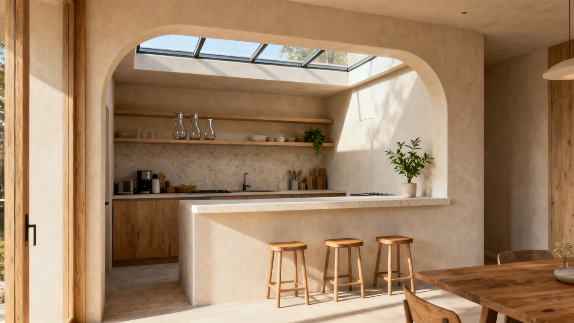 A half-height plaster arch pass-through with a clerestory glass band links a micro-kitchen to the dining room.