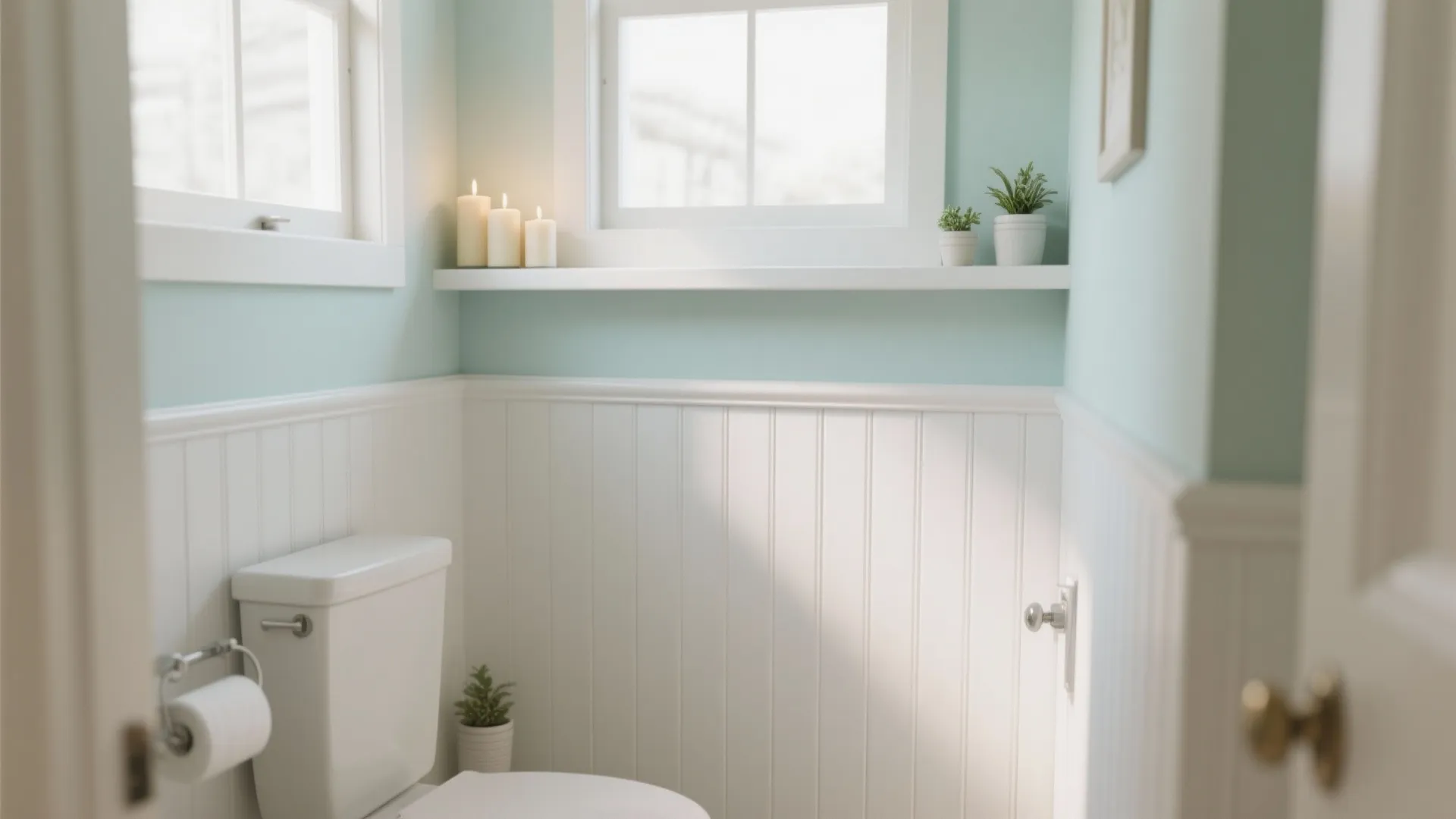 Small bathroom corner with white vertical wall panels blue walls toilet candles and green plants