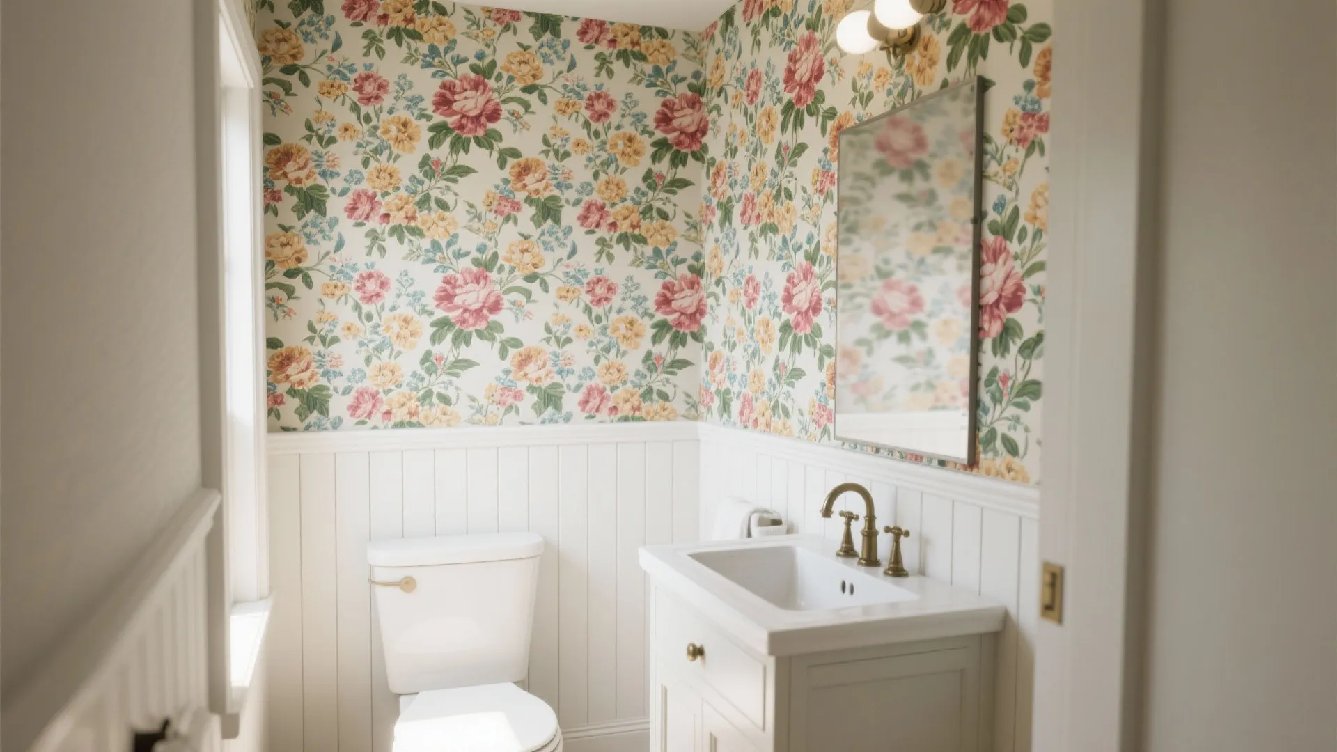 Small bathroom with floral wallpaper white wall panel white vanity gold faucet and wall mirror