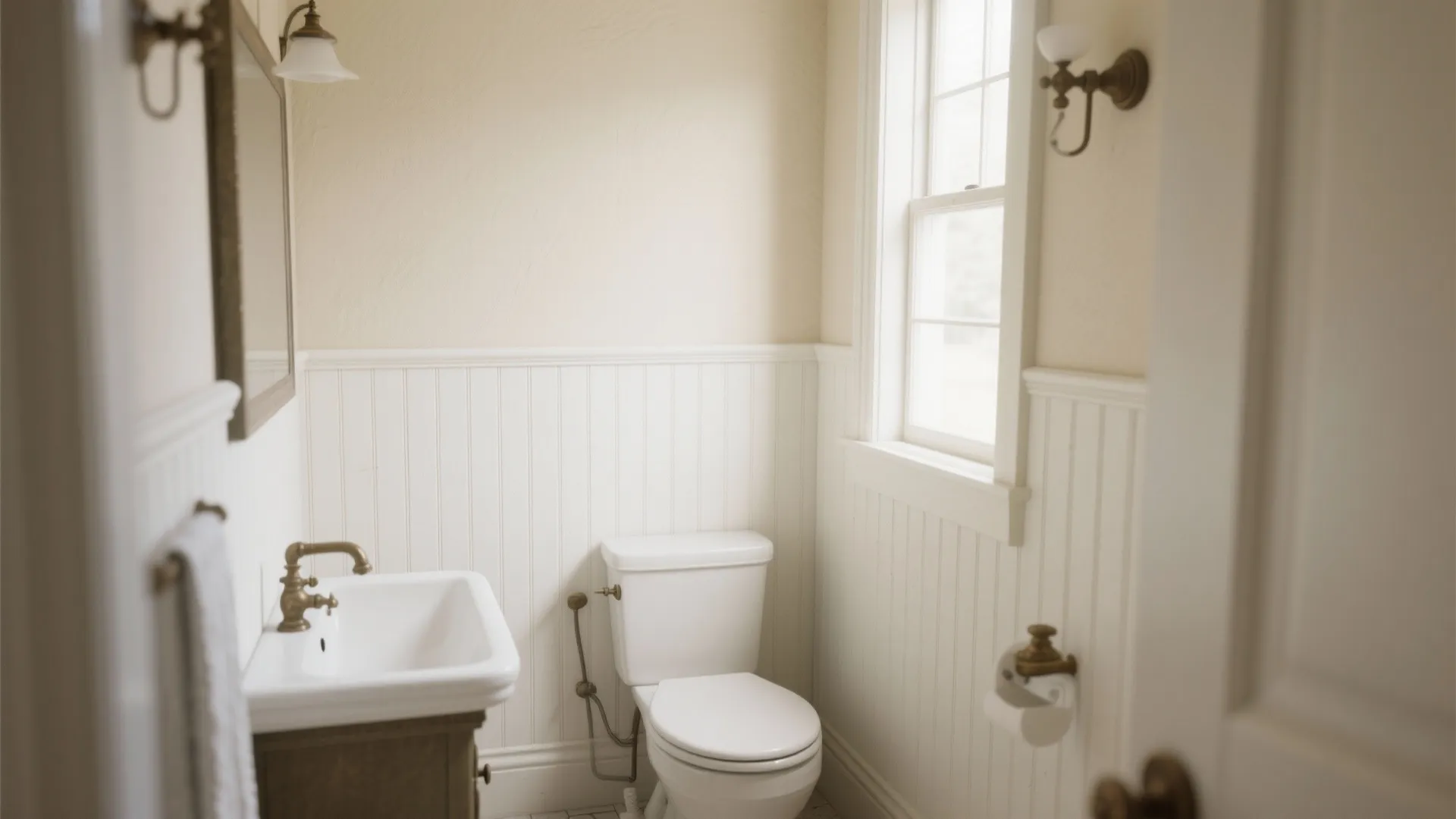 Half-height beadboard panels in white with light beige walls in a small bathroom