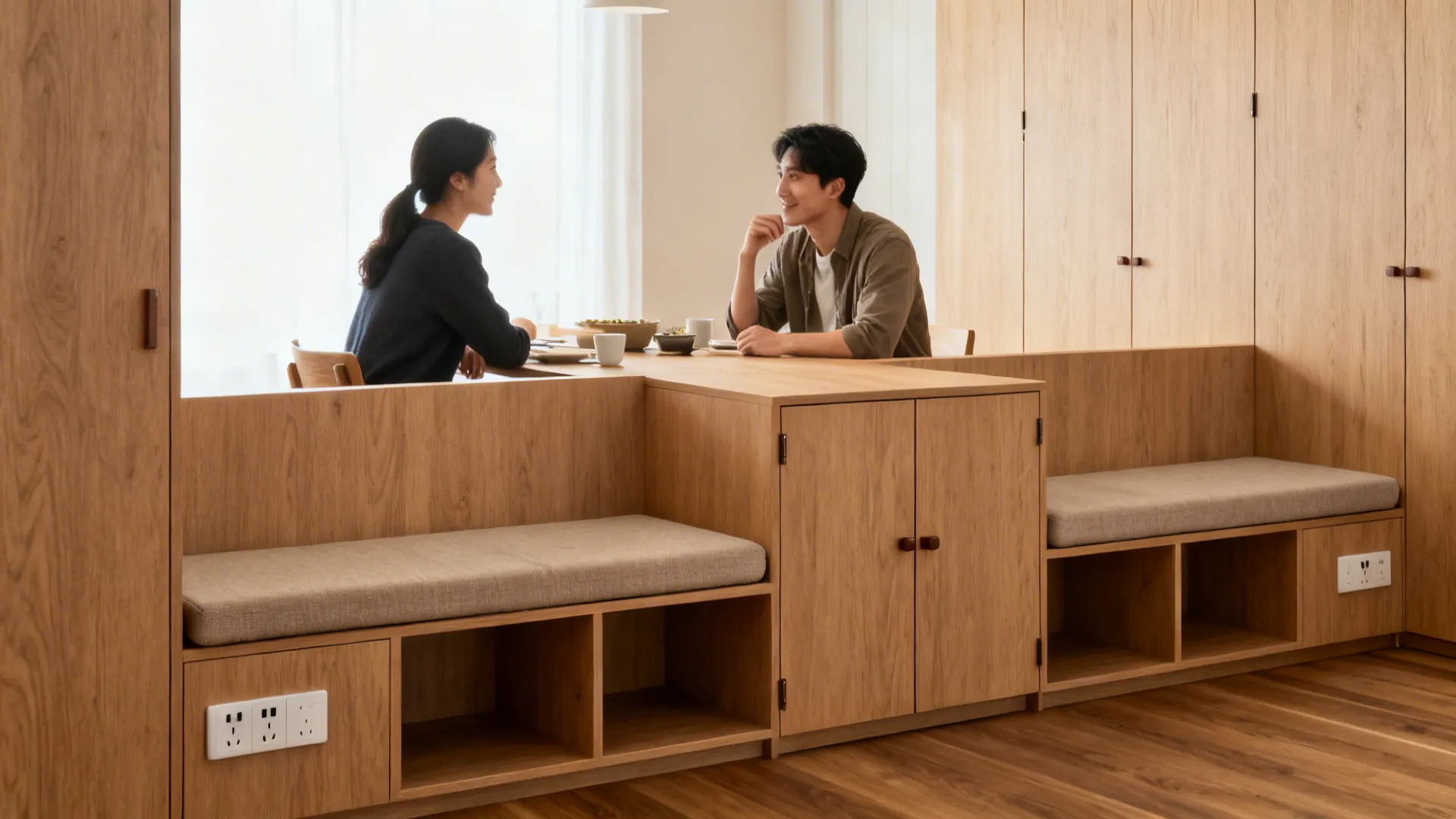 Half-height storage wall with integrated bench divides living and dining without blocking light.